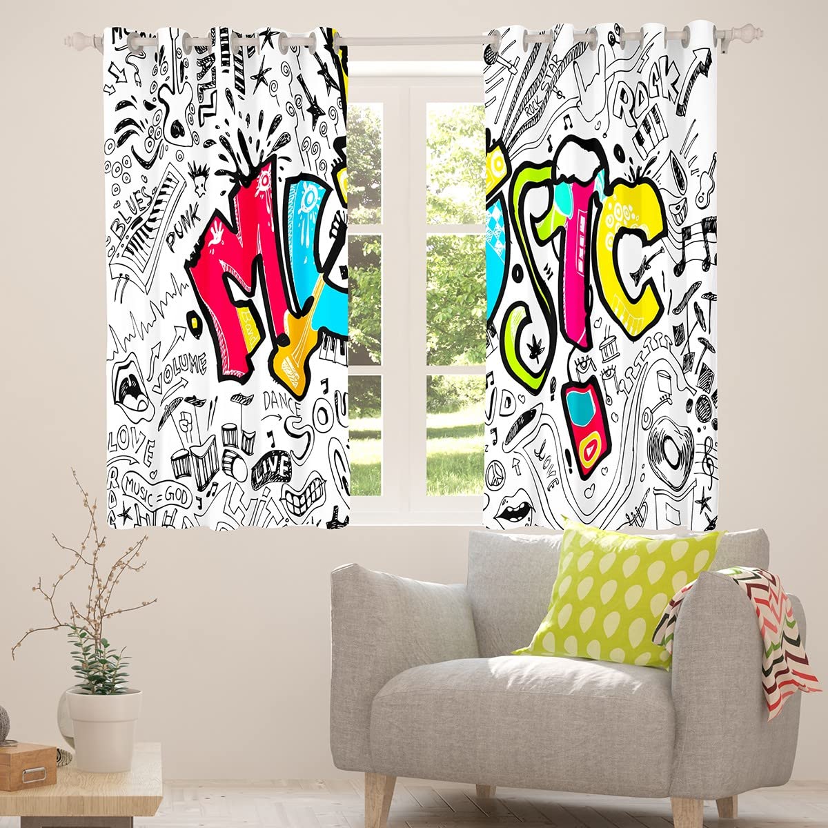 Hippie Graffiti Tende per camera da letto Soggiorno per bambini Ragazzi Ragazze Hip Hop Musica Oscuramento Tende a tema musicale Grunge Art Finestra Trattamenti W52* L90