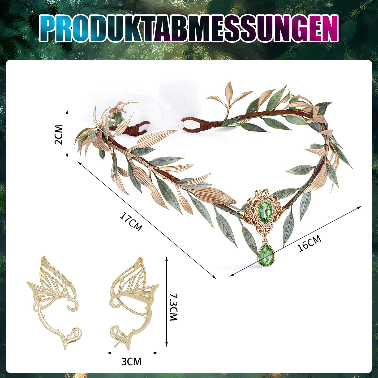 Costume da donna, costume da elfo regolabile, da donna, con corona di fiori, orecchini a farfalla, fata della foresta, per carnevale, Halloween, carnevale, cosplay ed eventi fantasy