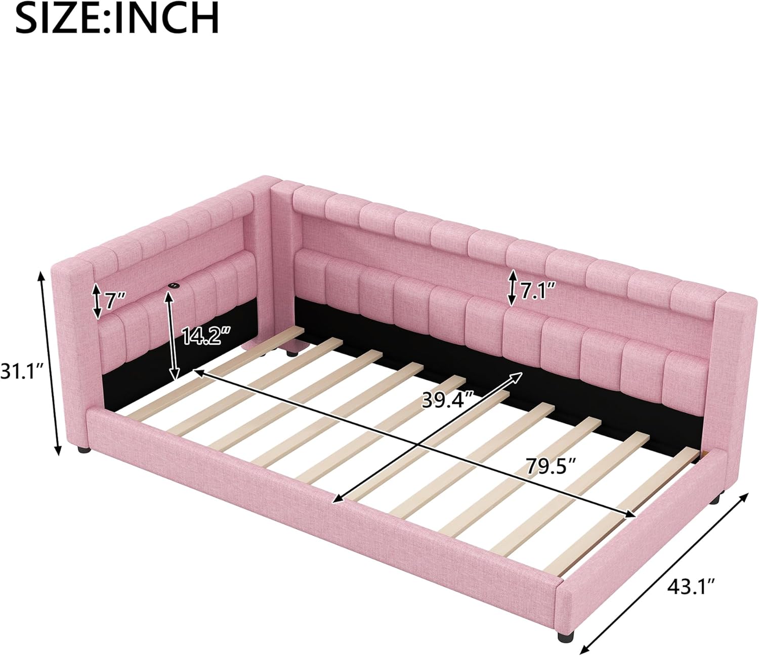 Merax Modern Upholstered Platform Bed Frame with USB Ports, Twin XL Floor Sofa Day Bed with Storage Headboard, No Box Spring Needed/Easy Assemble/Pink