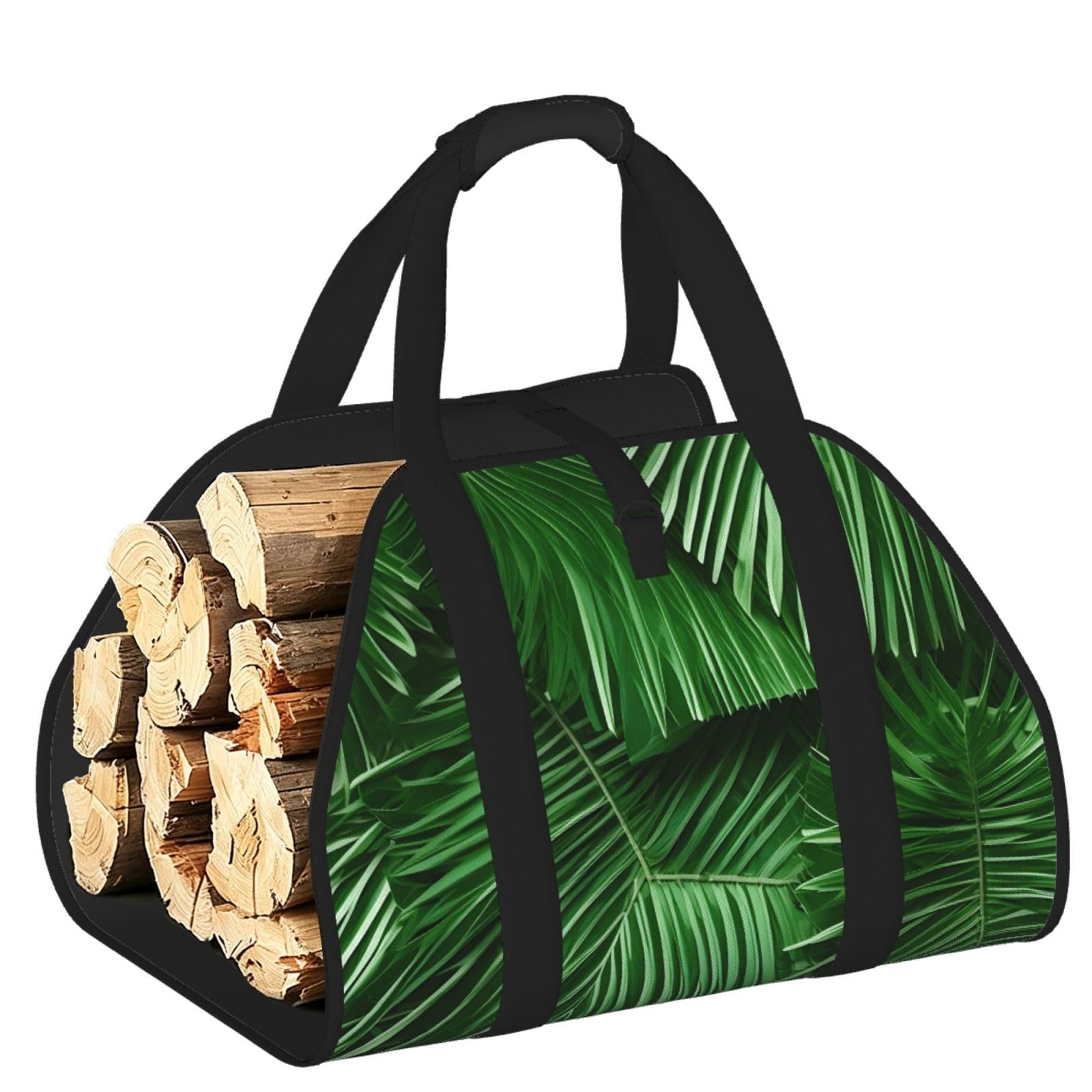 Ayyqwe Black Cute Green Palm Leaves Print Firewood Bag Wood Waterproof Versatile Camping Picnic Storage Daily Home