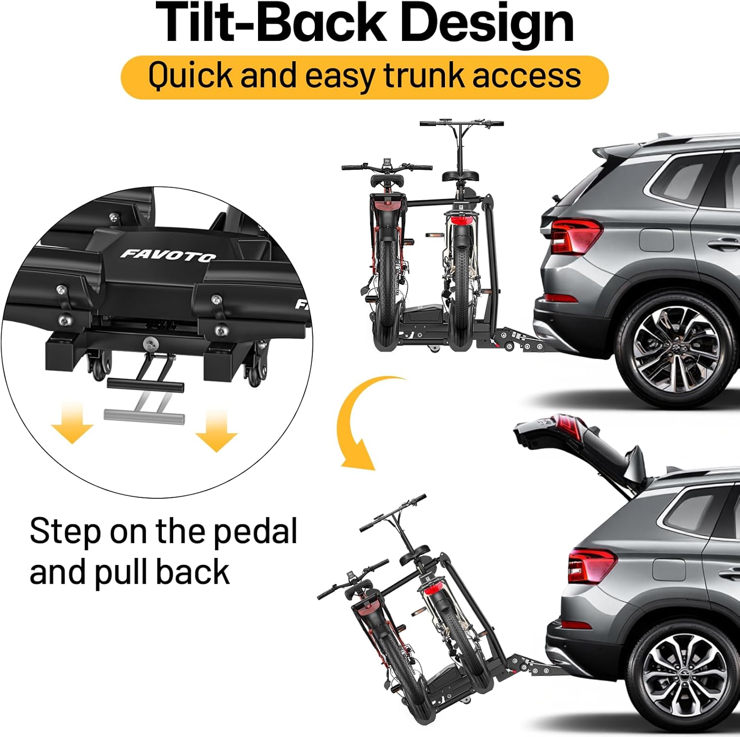 Favoto Bike Rack for Car with Ramp, 2-Bike Hitch Mount for E-Bikes, Foldable & Tilt-Back Design, 200 lbs Capacity, Fits 2" Receiver SUV/Truck