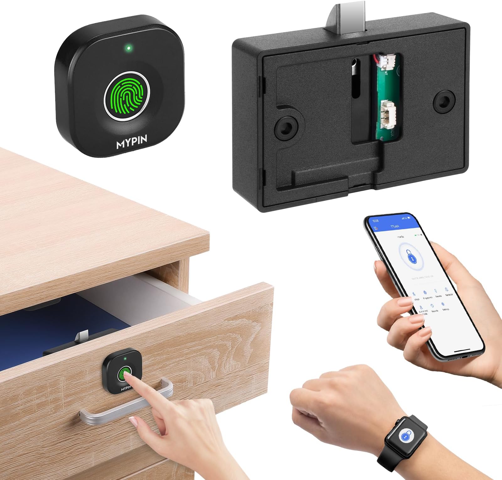 - Bluetooth Fingerprint Cabinet Lock With Phone/Watch App Unlock, Smart Biometric Keyless Hidden File Drawer Wardrobe Lock, Child Safety Electric DIY Wooden Furniture