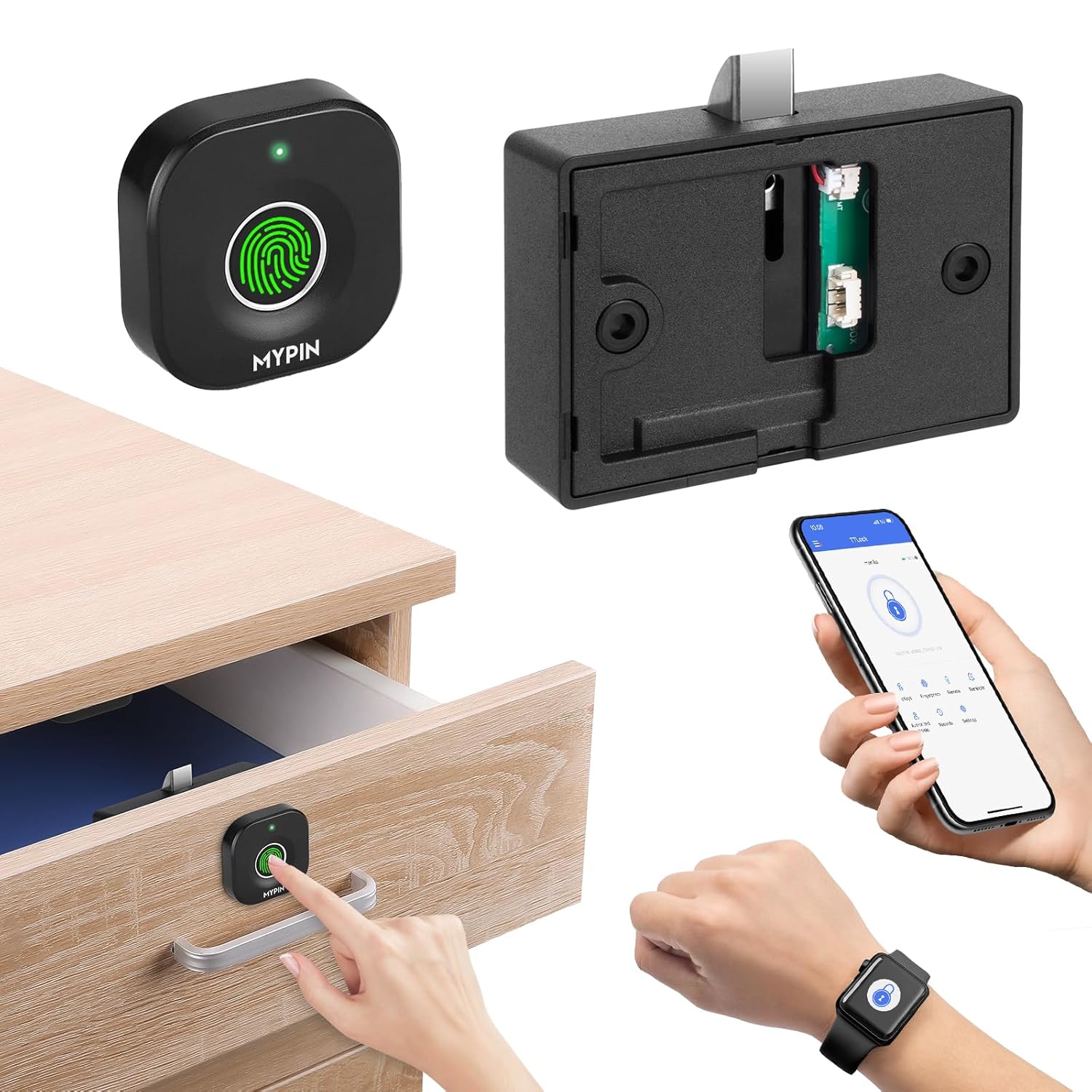 MYPIN Bluetooth Fingerprint Cabinet Lock, Smart Biometric Keyless Hidden File Drawer Wardrobe, Child Safety Electric Privacy Lock for Home Office Wooden Furniture