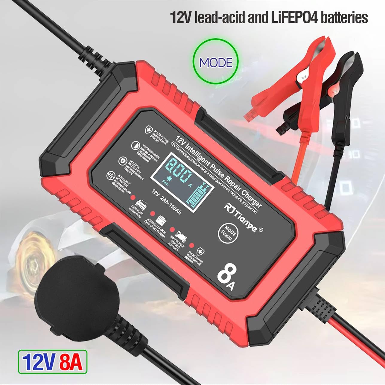 Ładowarka samochodowa 8 A, 12 V 8 A LiFePO4, przenośna ładowarka podtrzymująca i odsiarczacz z 4 trybami ładowania do wypoczynku, akumulatorów litowych, motocyklowych, przyczep kempingowych