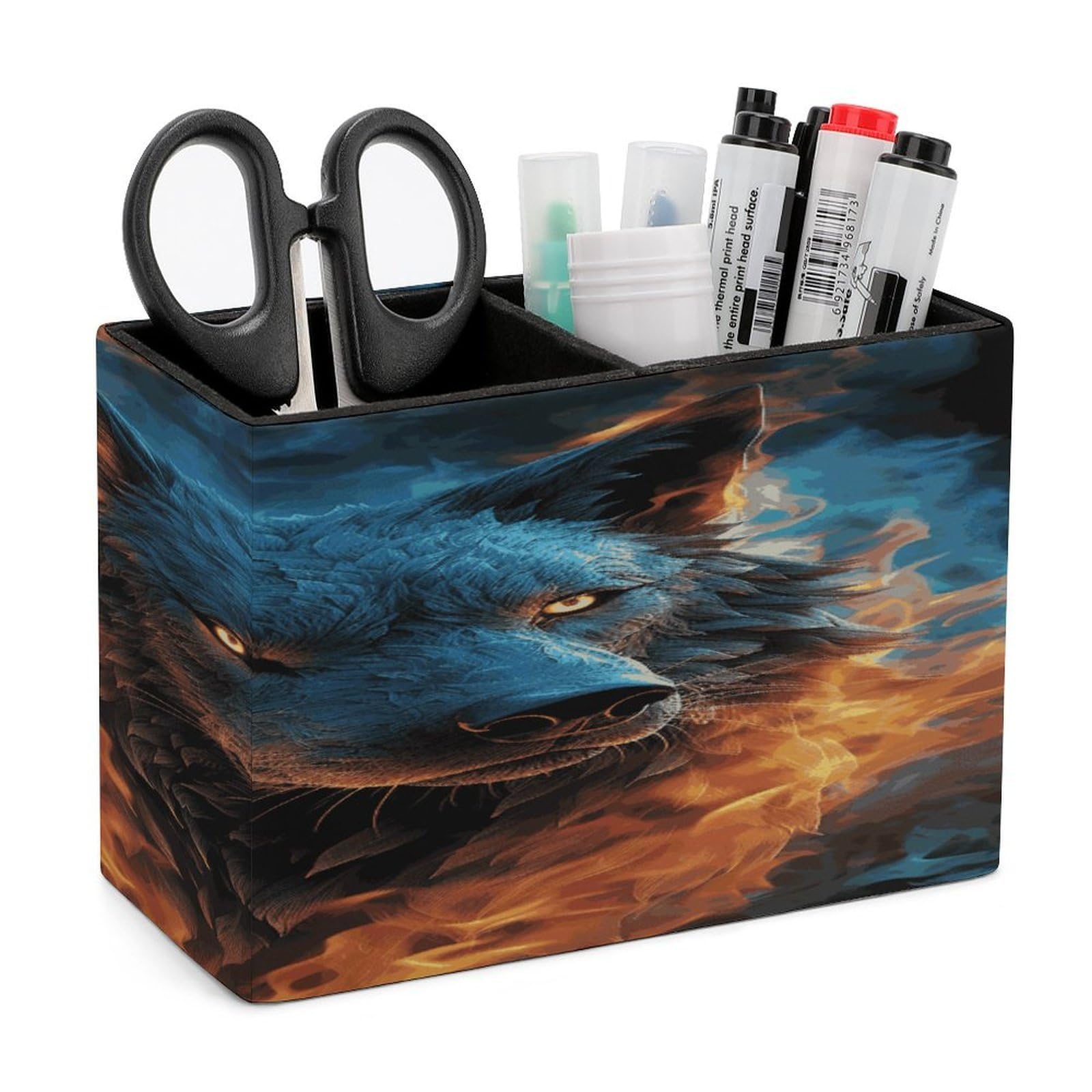 JTREHY Wolf Head in Blue Flames Pencil Holder Exquisite Fashion Leather Pen Receptacle Soft High-End Pen Container for Office Home Accessories Or Housewarming Present