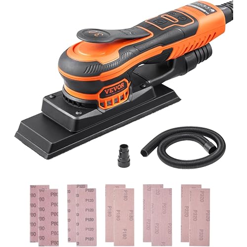 VEVOR 3/8 Sheet 3A EC Brushless Sander, Max. 10000RPM Variable Speed Sheet Finishing Sander with 10PCS Sandpapers and Vacuum Cleaner Adapter for Woodworking
