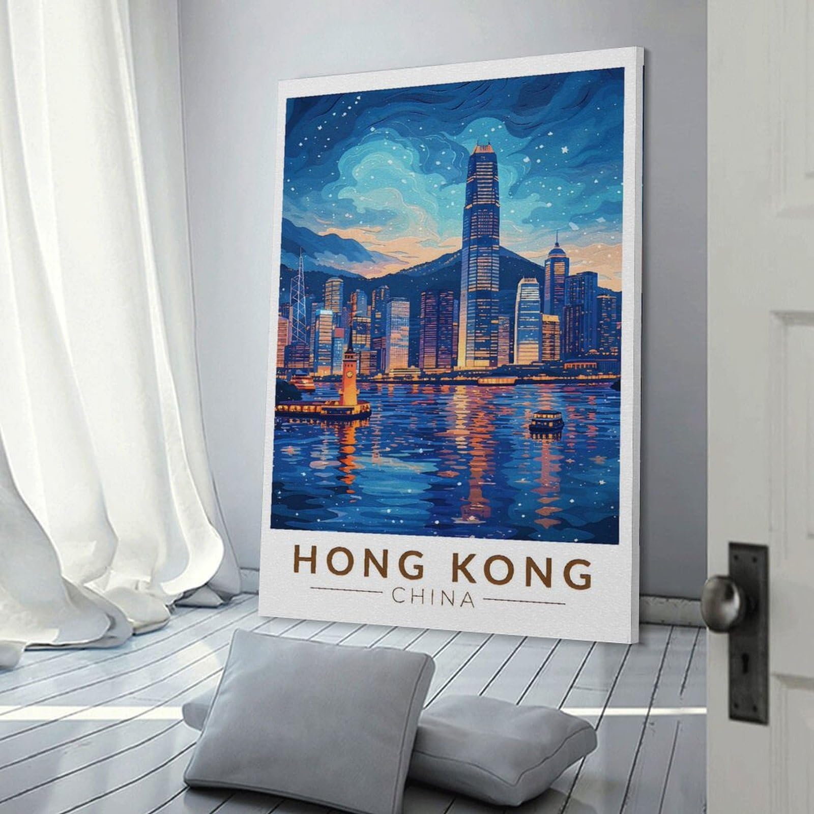 Junmoney Hong Kong Skyline at Night Canvas Wall Decor, 24x36inch(60x90cm), for Home Lounge, Bedroom Or Reading Nook, Modern Wall Decor for Cosy Interiors