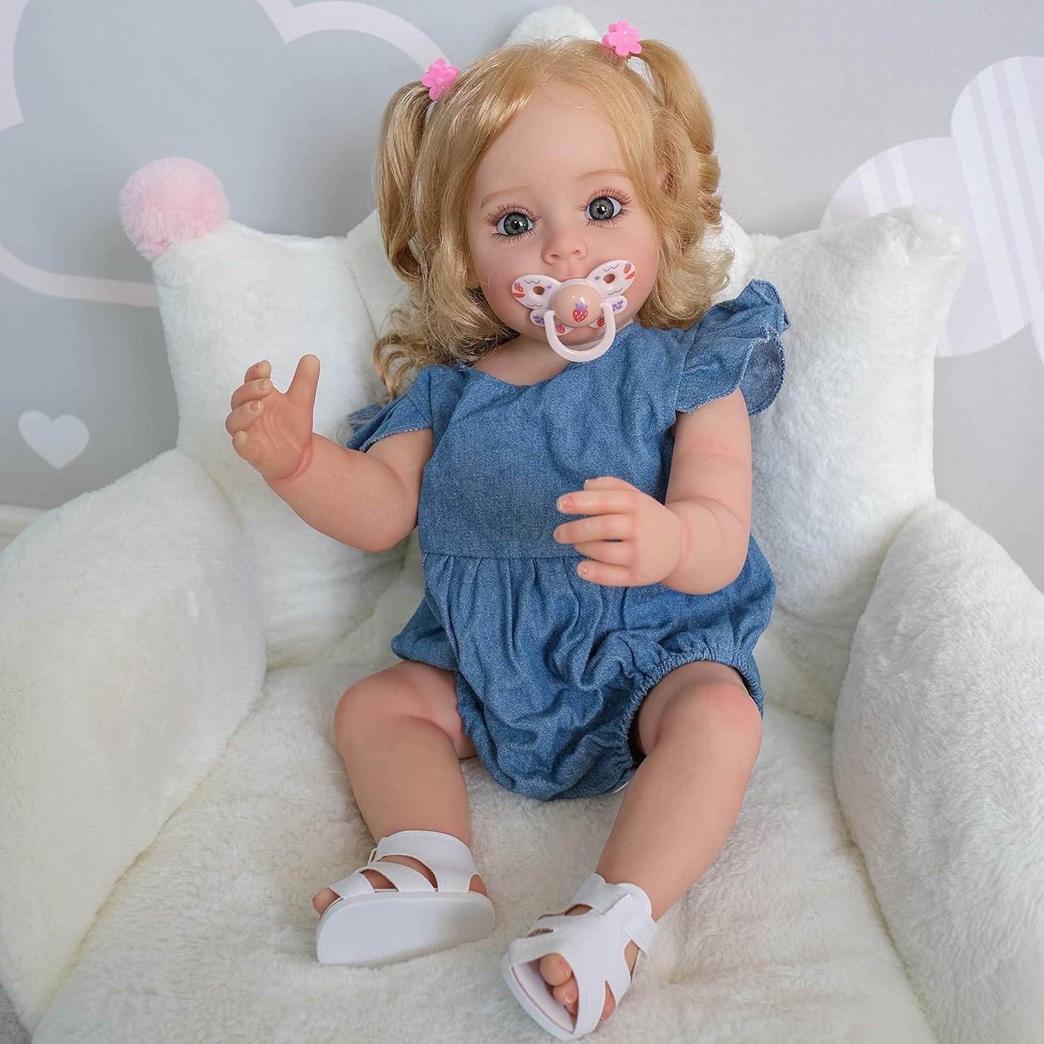 Pinky Reborn Baby Dolls Long Hair Princess SueSue Girl Doll 22 Inch Reborn Doll Look Realistic Full Body Vinyl Silicone Baby Reborn Toddler with Clothing Set for Kids
