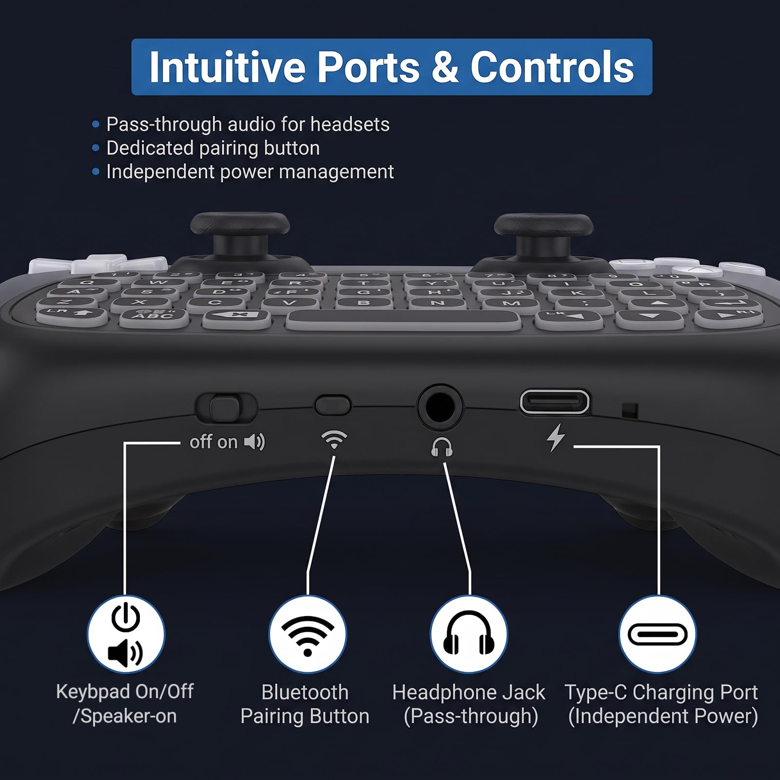Megadream per PS5 Controller Keyboard, Bluetooth Chatpad 47 tasti tastiera per PS5 DualSense Controller DualSense Edge Controller, luce RGB, altoparlante integrato, jack audio da 3,5 mm, nero