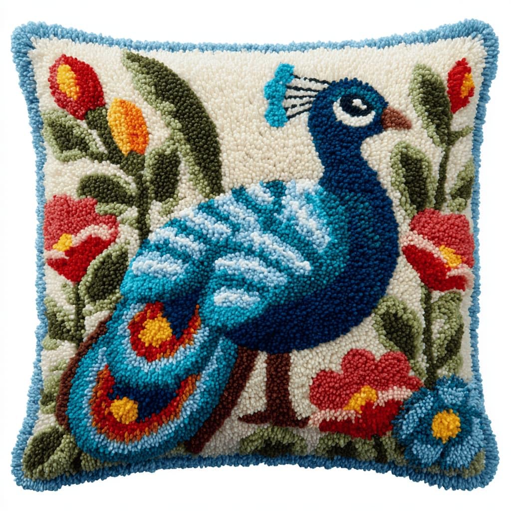 Kitquiver Latch Hook Kits Peacock for Adults,Beginners DIY Latch Hook Cushion Kits and Latch Rug Kits Cross-Stitch Embroidery Cushion Cover for Home Sofa Decoration 17X17 in