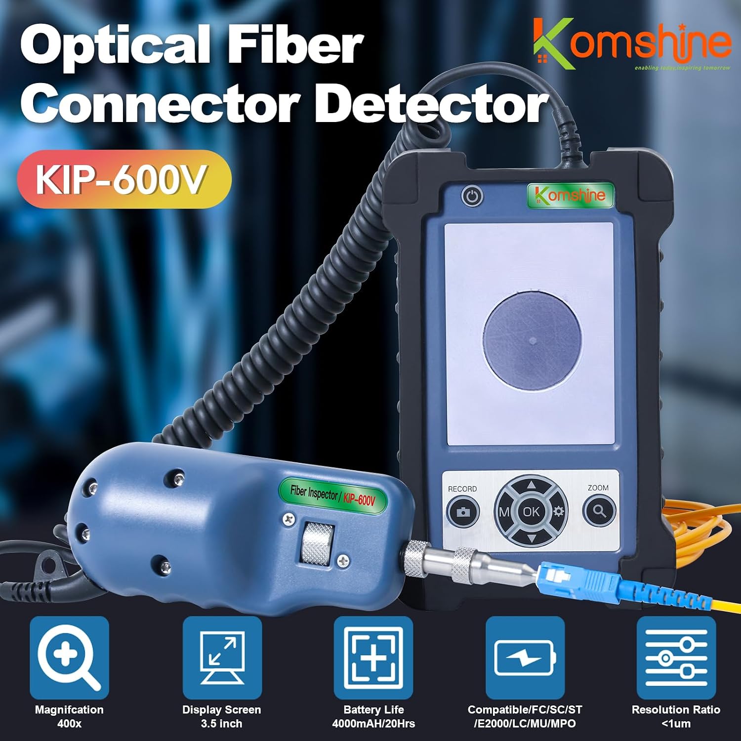 400X Fiber Optic Video Inspection Probe and Display KOMSHINE KIP-600V Real-time Video Recording + TF Card 4000mAH Large Capacity Optic Cable Connector Scope Inspector 400 Magnification image 2