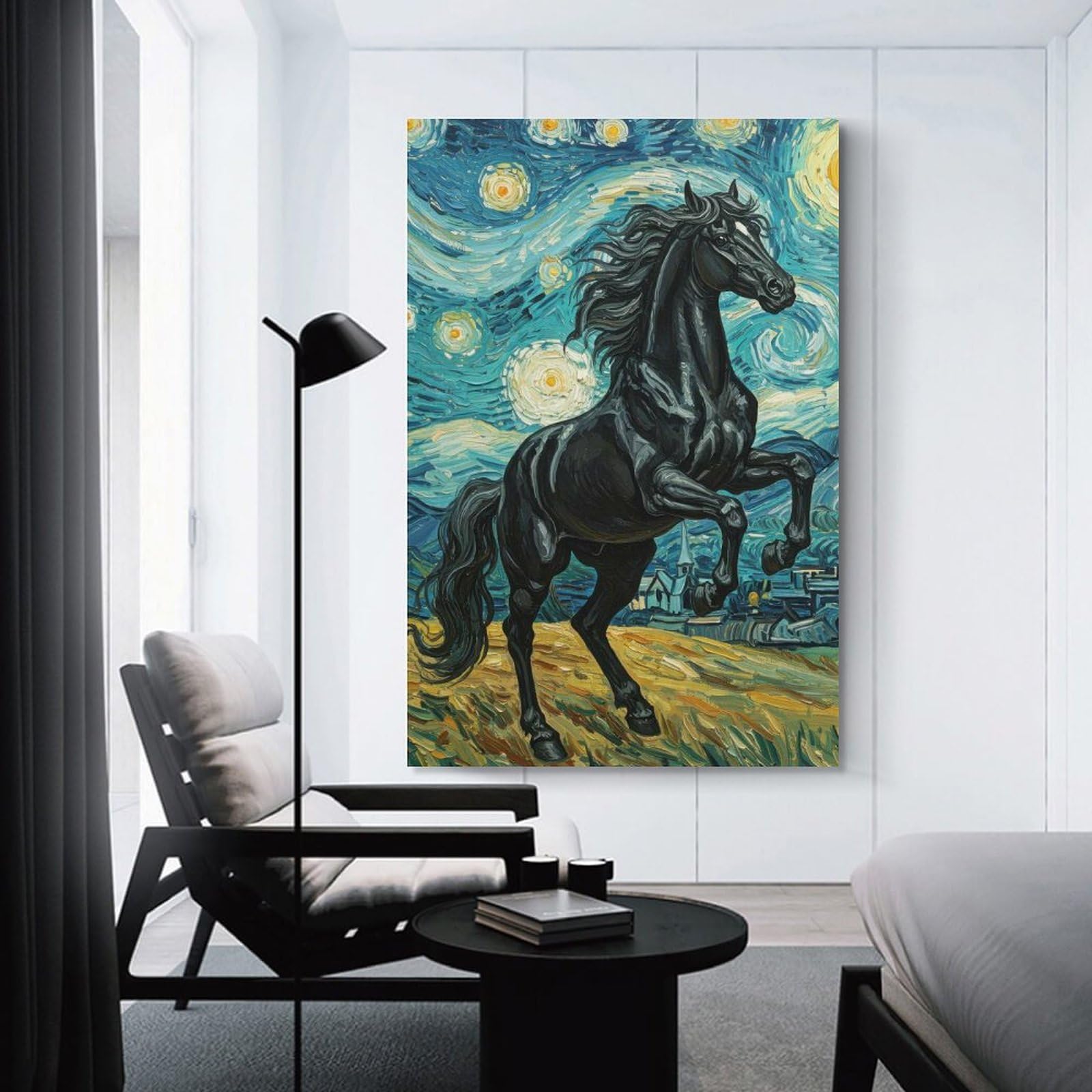 Junmoney Hanging Wall Art Black Horse in Starry Night Style, 12x18inch(30x45cm), for Work Areas, Reading Rooms Or Studios, Wall Art That Adds Style to Work Areas