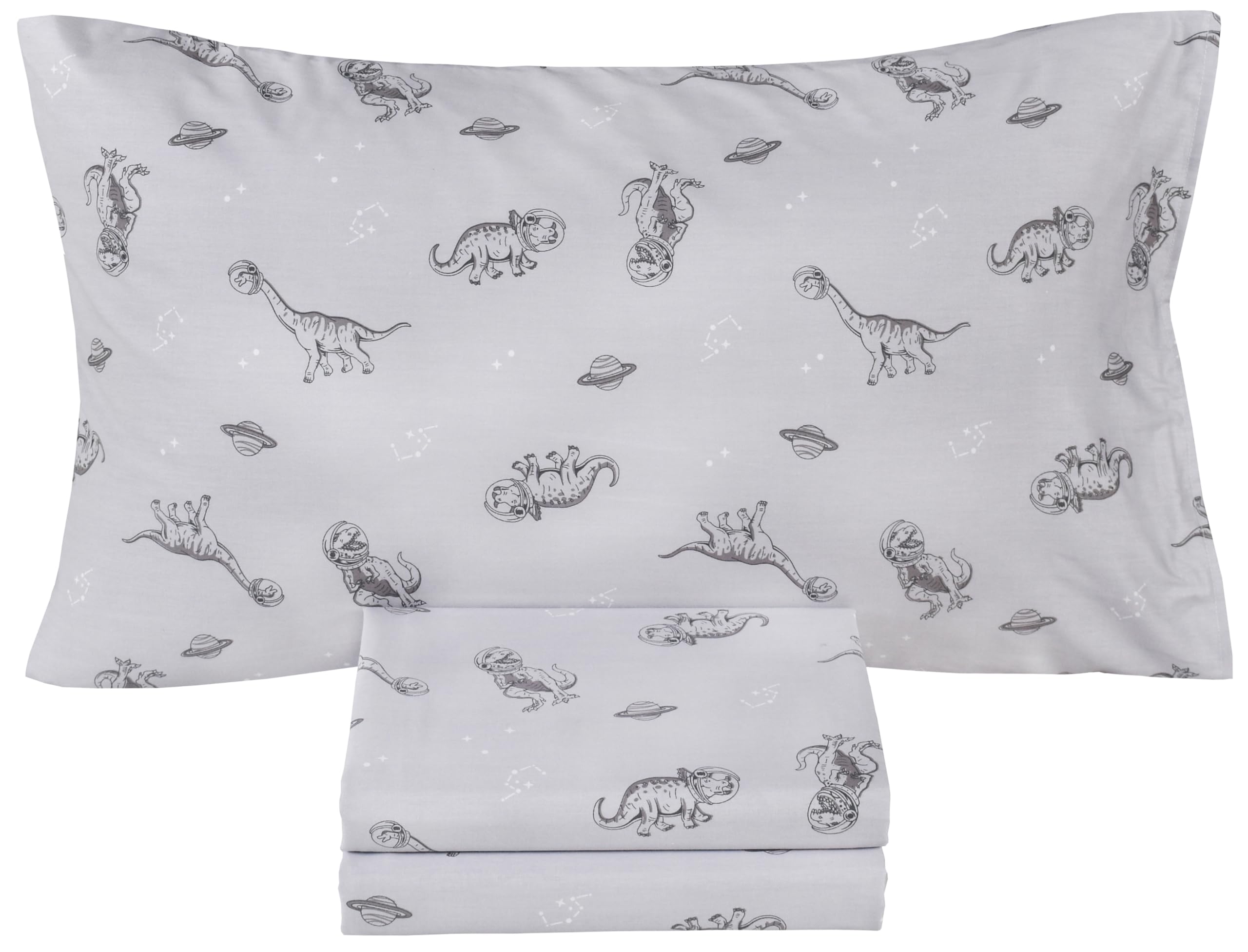 Scientific Sleep Gray Dinosaur Space Walk Universe Travel 100% Cotton 3 Pcs Twin Bed Sheet Set Kids Toddler Teen, Flat Sheet &amp; Fitted Sheet &amp; Pillowcase Kids Bedding Set Twin
