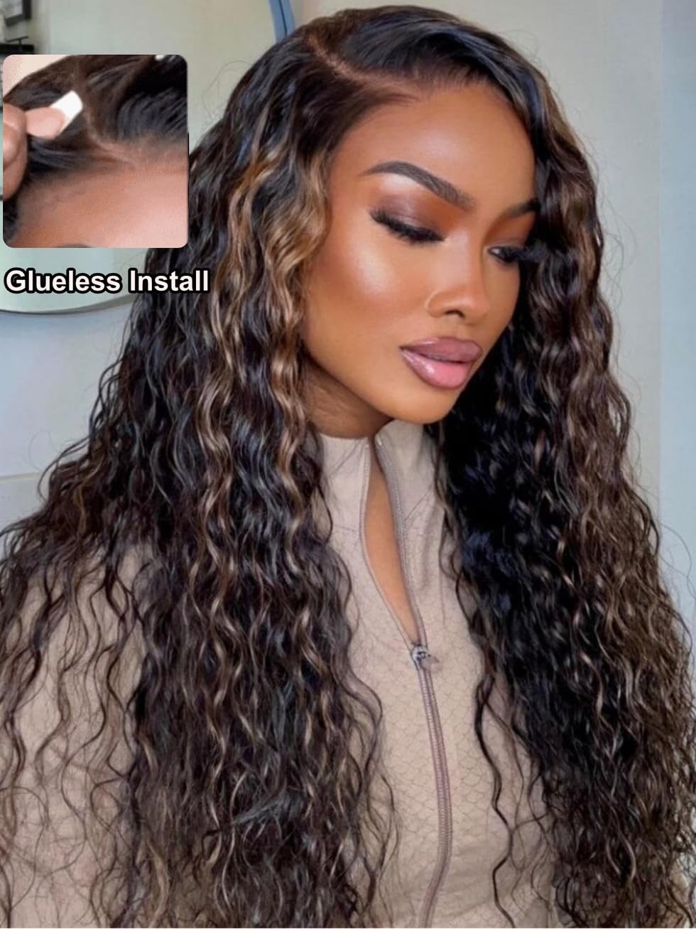 UNICE Bye Bye Knots Glueless Wig Pre Plucked Pre Cut Water Wave 7x5 Lace Front Wigs Human Hair Wet and Wavy Put on and Go Glueless Human Hair Wig 150% Density 24 inch: 24 Inch Golden Brown Highlight | 7x5 Lace Pre Plucked | Water Wave