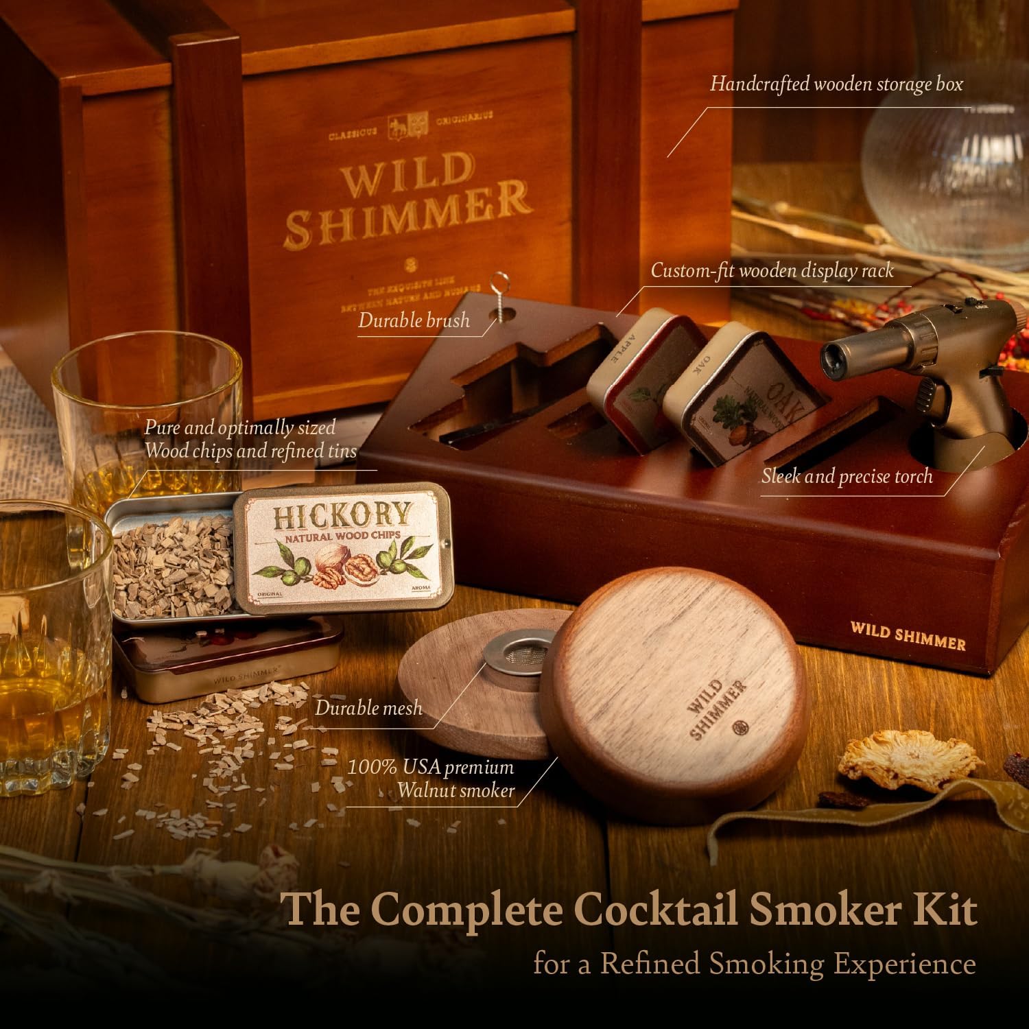 Cocktail Whiskey Smoker Kit with Torch, Wooden Box & Stand | Premium USA Walnut Smoker & 4 Flavors Natural Wood Chips | Old Fashioned Smoker Kit | Bourbon Gifts for Men - Image 8