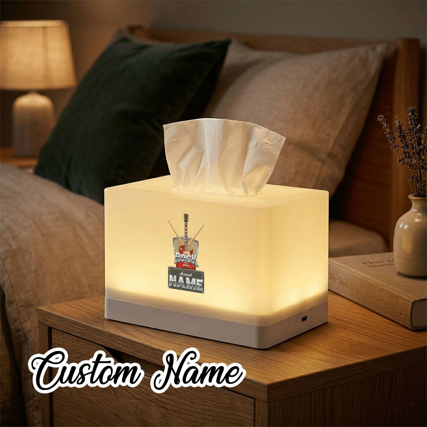 Personalized Rock Music Tissue Box Cover with LED Night Light, Custom Name Guitar Themed Decor, Rechargeable Light Up Facial Tissue Holder for Bedroom image 4