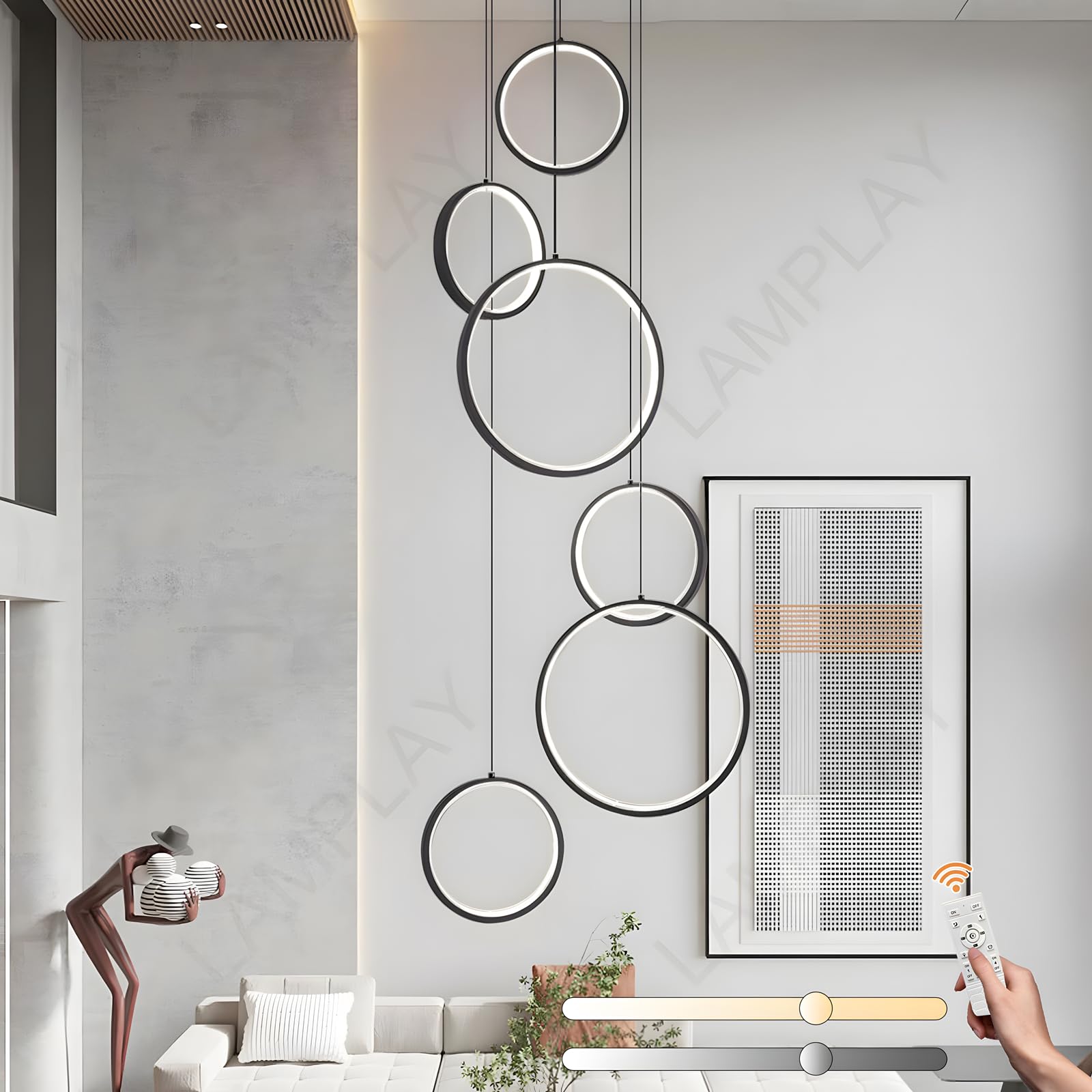 LAMPLAY LED Long Staircase Chandelier, Modern High Ceiling 6 Black Rings Lamp, DIY Entryway Height Adjustable Pendant Light, Dimmable with Remote Control 3000K-6000K, Hallway Living Room Stairs Villa — image 1