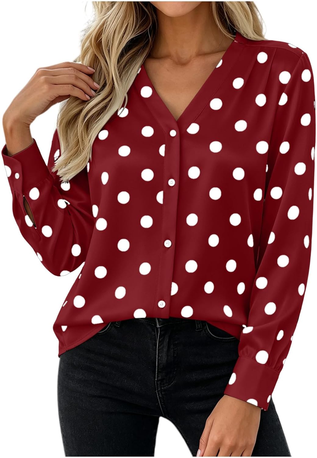 Women V‑Neck Satin Polka Dot Shirt Long Sleeve Button Up Casual Top
