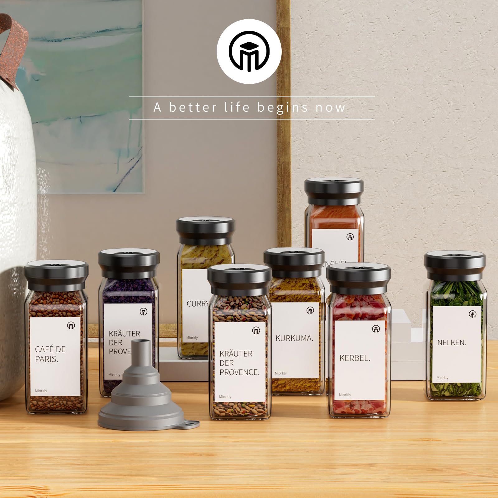 Lot de 24 pots à épices carrés - 120 ml - Avec insert à saupoudrer - Avec couvercle rotatif rond - Joint solide - Organiseur à épices en acier inoxydable avec entonnoir, étiquette et stylo