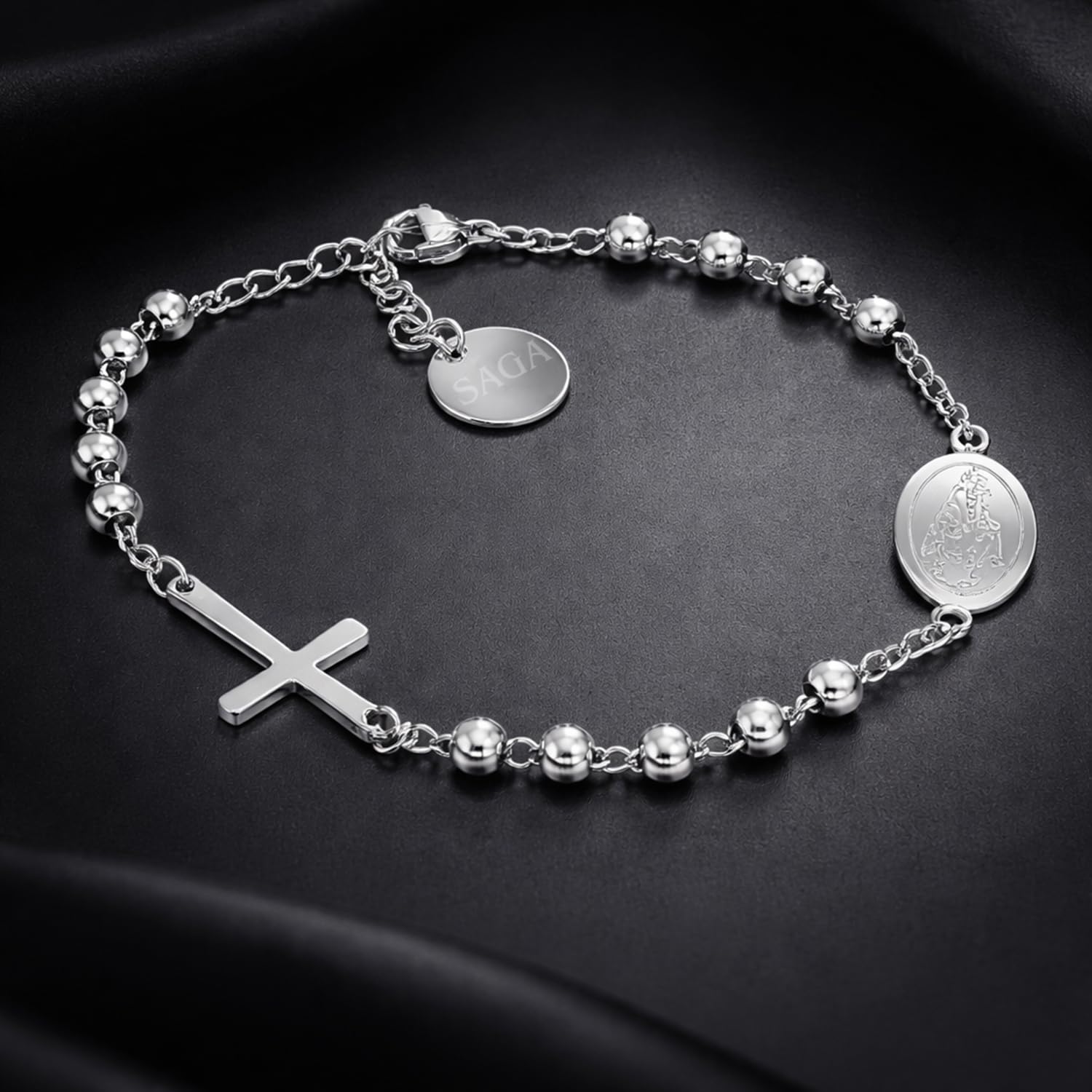 SAGA GIOIELLI Bracciale Rosario Uomo Donna in Acciaio Inossidabile – Braccialetto Religioso con Croce e Medaglia, Sfere 4 mm, Lunghezza Regolabile 16,5 + 3,5 cm – Idea Regalo Fede Elegante
