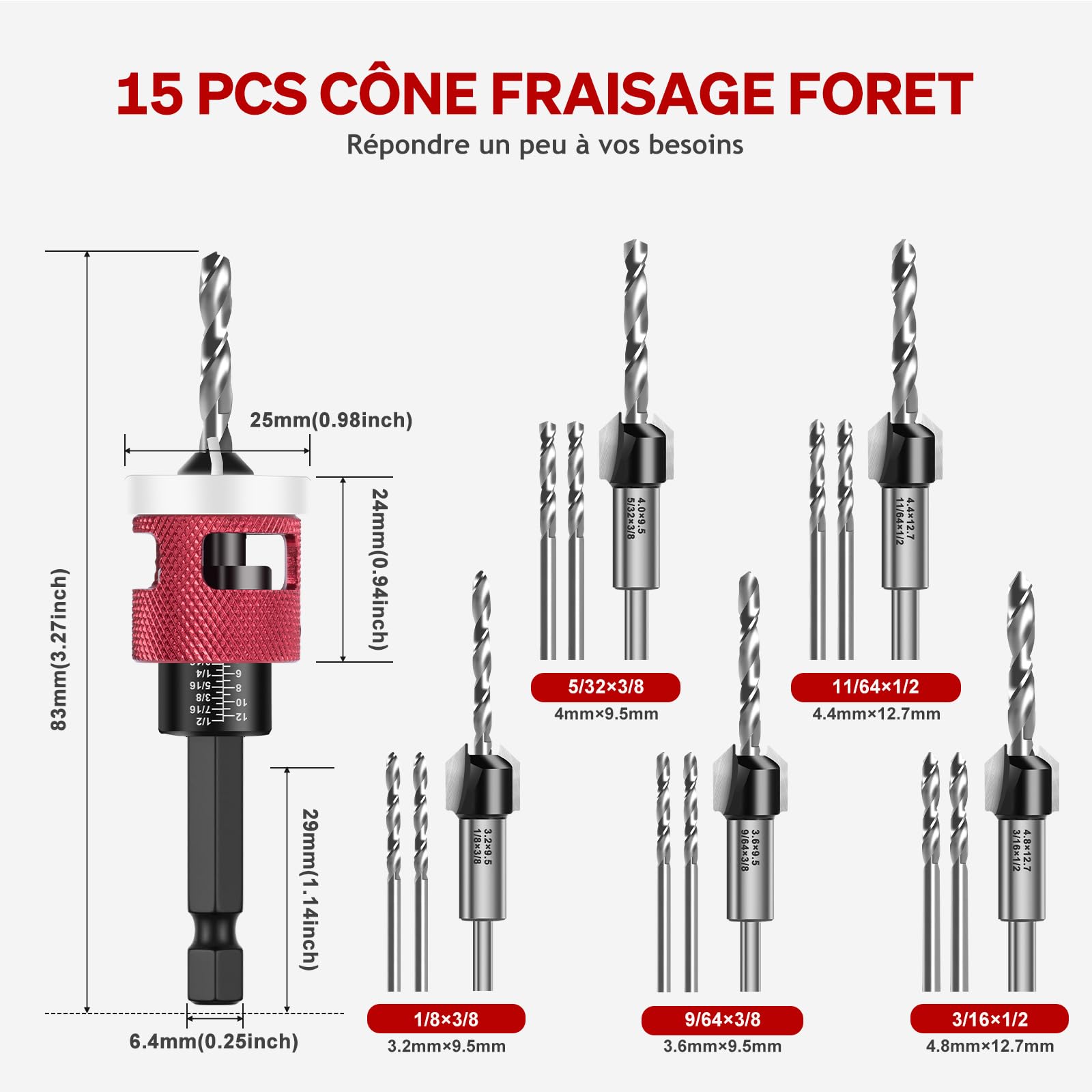 Mtchavno Countersink Drill Bit Set, 15 Pieces, Countersink Wood Drill Bit with Depth Stop - Image 2