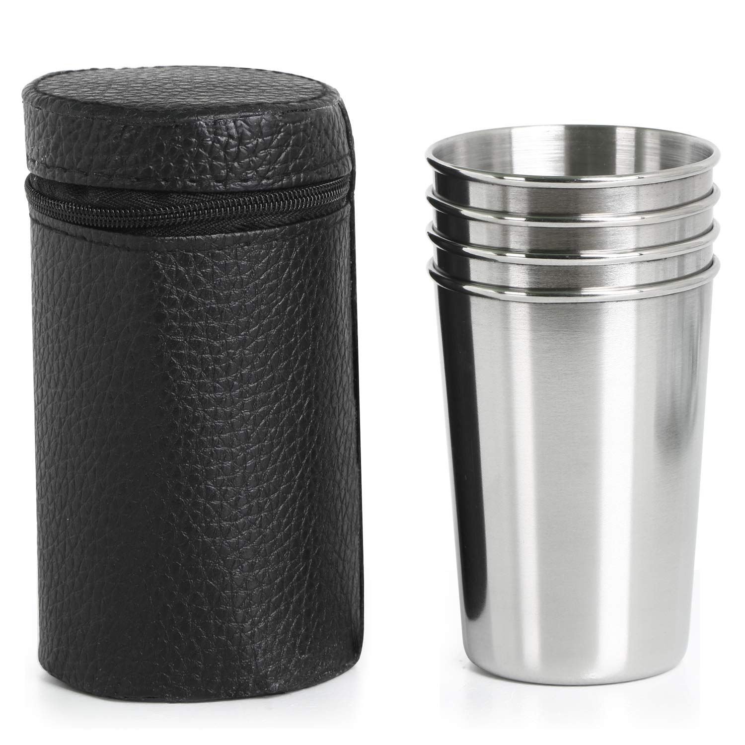 TRIXES Ensemble de 4 Petits Verres de Voyage Compacts en Acier Inoxydable avec Pochette en Simili Cuir