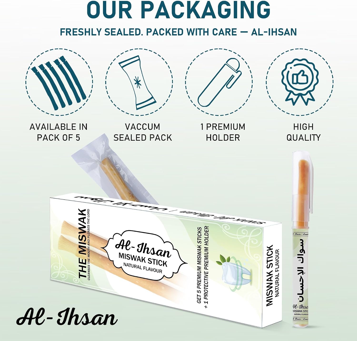 AL-IHSAN SEWAK - 5 Pieces Natural Miswak Sticks - Strong Aroma Traditional Toothbrush - Peelu Siwak with Holder, Vacuum-Sealed Miswak for Teeth Cleaning and Fresh Breath - Oral Cleanliness Meswak