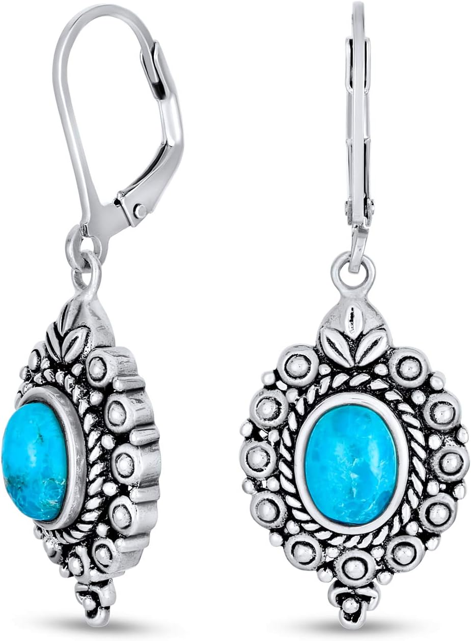 Blue Black Purple Red Green 3CTW Gemstone Oval Bezel Set Lever Back Dangle Earrings Western Jewelry For Women Oxidized .925 Sterling Silver Birthstones Colors