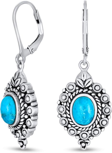 Western Style Oval Filigree Gemstone Blue Turquoise Lever Back Dangle Drop Earrings For Women Oxidized .925 Sterling Silver