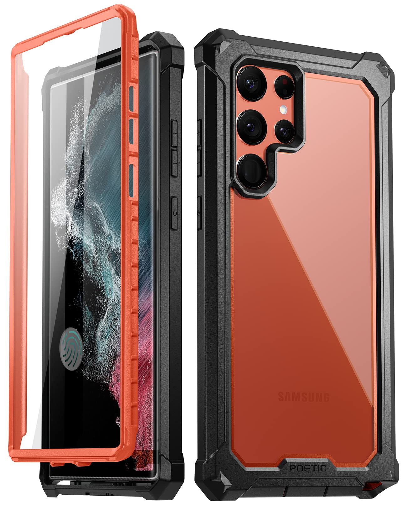 Poetic Guardian Case [6FT Mil-Grade Drop Tested] Designed for with Samsung Galaxy S22 Ultra 5G 6.8" (2022), Built-in Screen Protector Work with Fingerprint ID, Full Body Shockproof Case, Orange/Clear