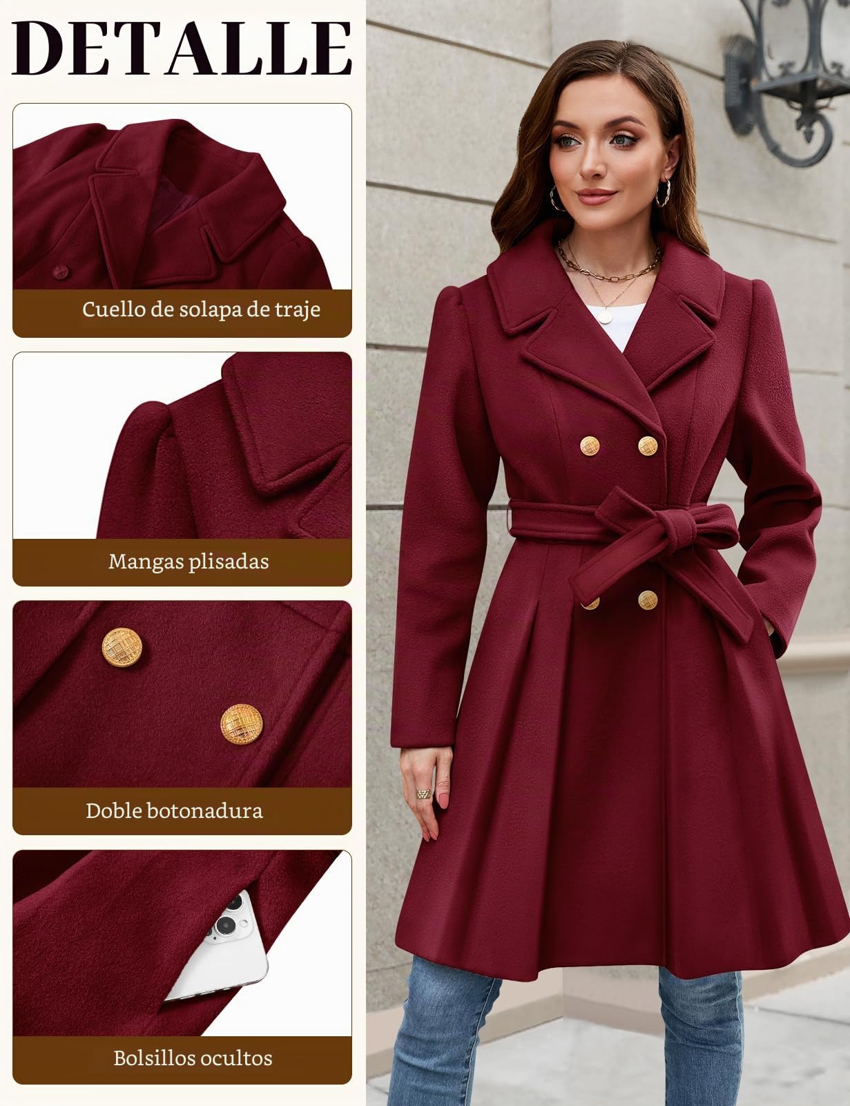Vancavoo Abrigo Mujer Invierno Casual Abrigos con Cinturón Larga Térmico Abrigos Doble Botonadura Elegantes Coat con Cuello de Solapa Chaquet