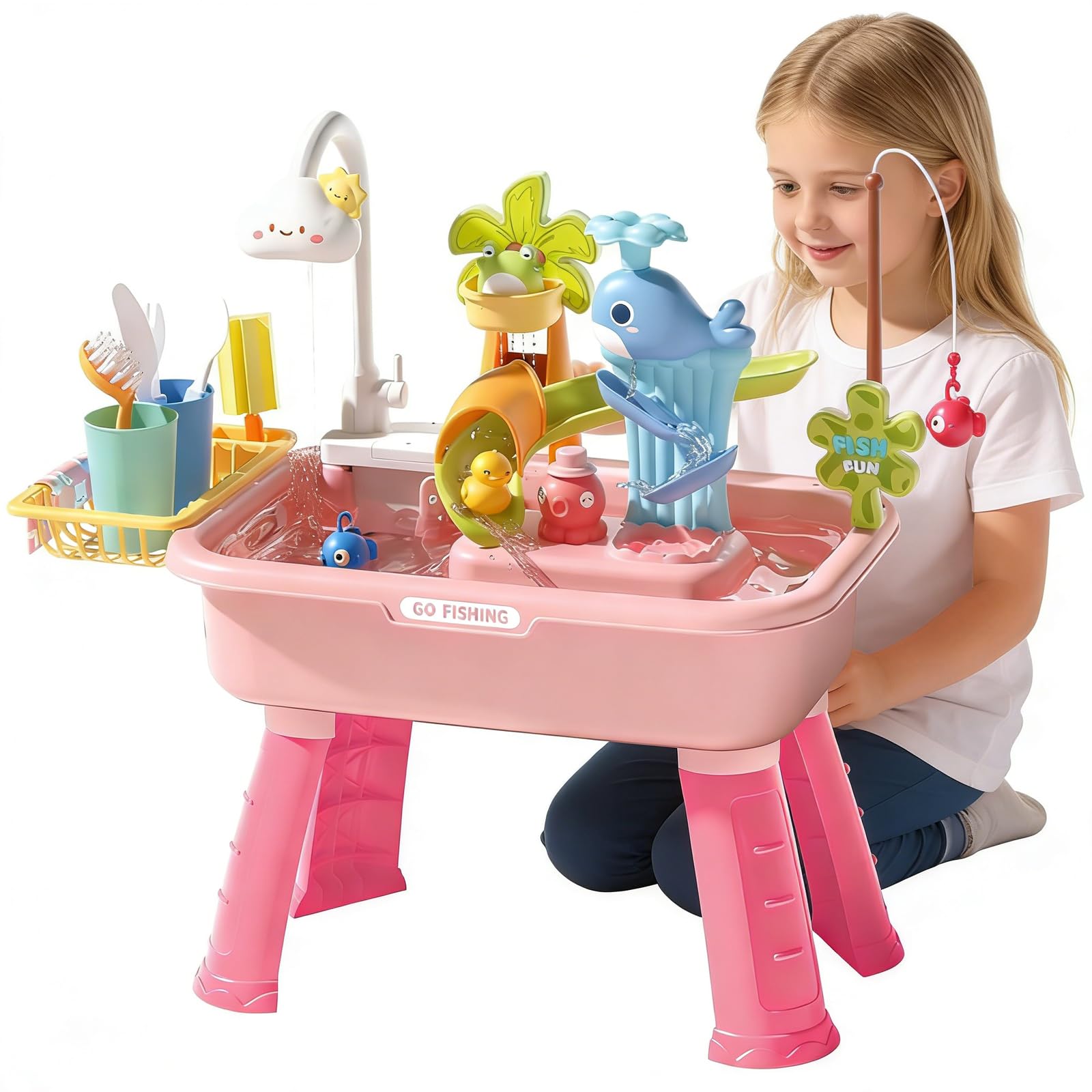43pcs Water Tables for Kids Toy Sink with Running Water, Sand and Water Table, 180° Rotating Faucet, Detachable Table Legs