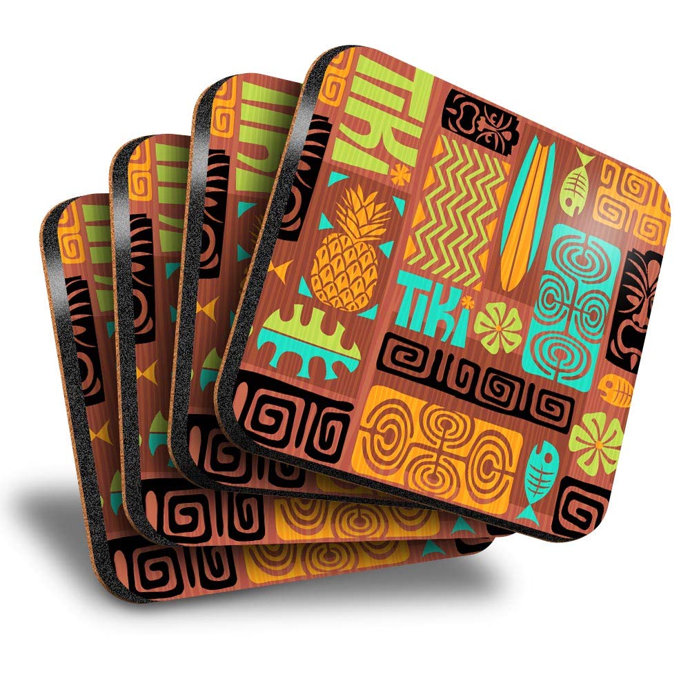 Destination Vinyl Ltd Multicolor Great Coasters (Set Of 4) Square - Tiki Hawaii Surfboard Surfer Drink Glossy Coasters/Tabletop Protection For Any Table Type #12891