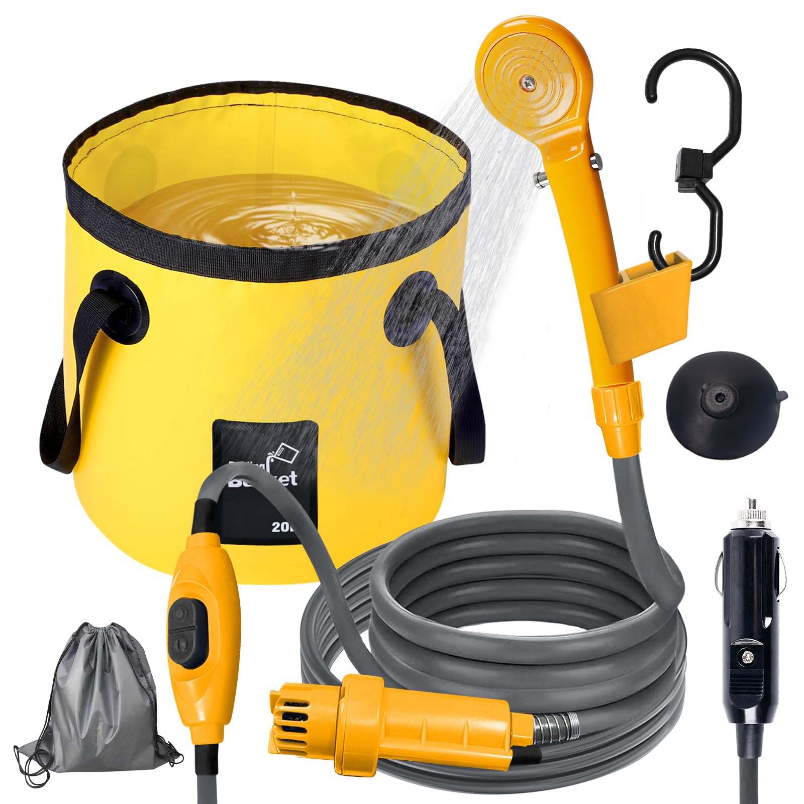 Doccia da campeggio, portatile, da campeggio, con secchio pieghevole, pompa, 2 m, cavo di alimentazione e interruttore, 12 V, doccia portatile, pompa per doccia elettrica per animali domestici, viaggi