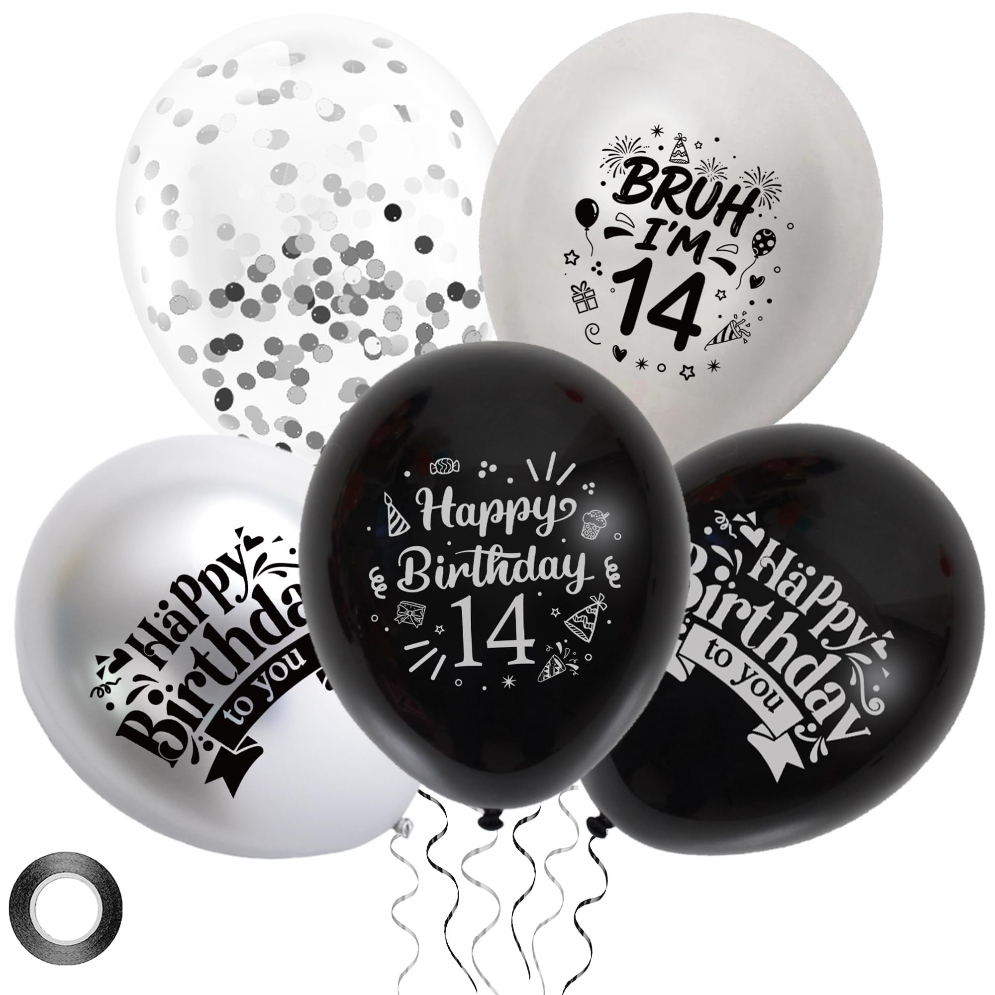 14th Birthday Decorations Party Balloons - 36pcs Black and Silver Bruh I'm 14 Balloons for Boys and Girls, Latex Balloon with Ribbon for 14 Year Old Party