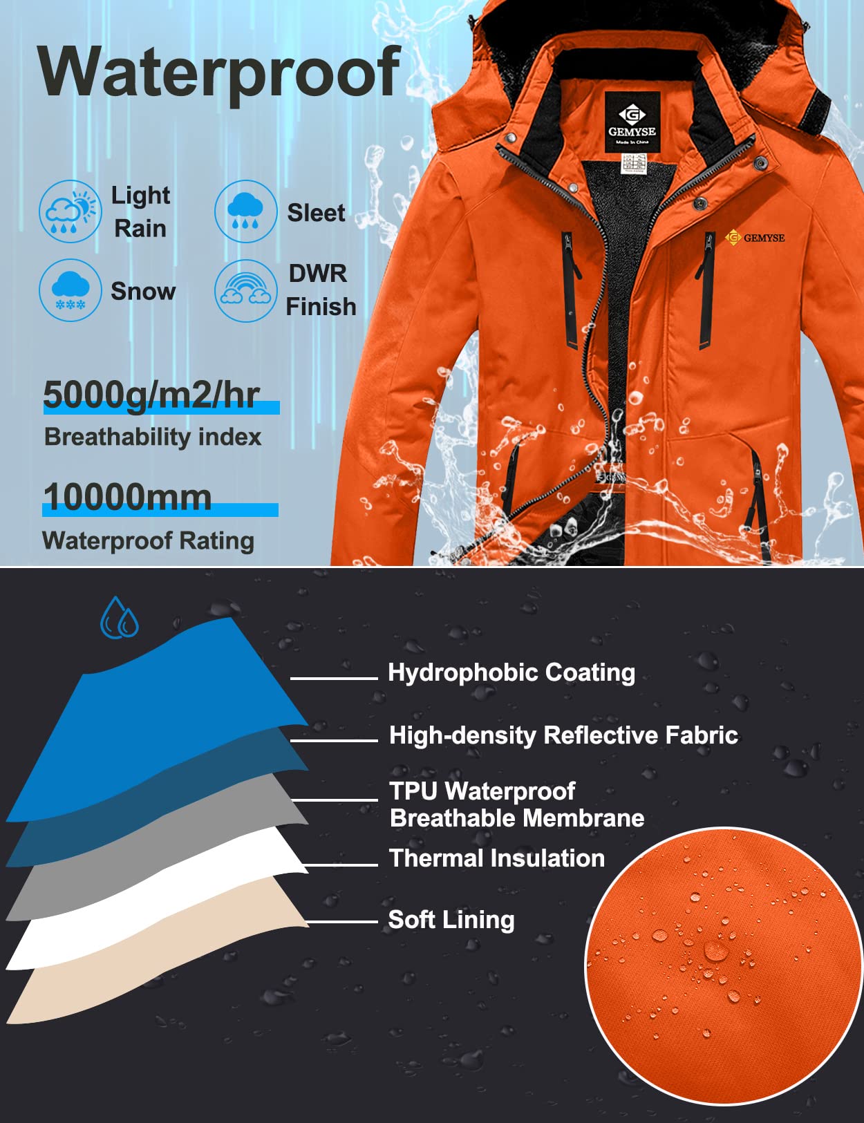 GEMYSE Chaqueta de Esquí Impermeable de Montaña para Hombre Abrigo de Invierno Antiviento con Capucha