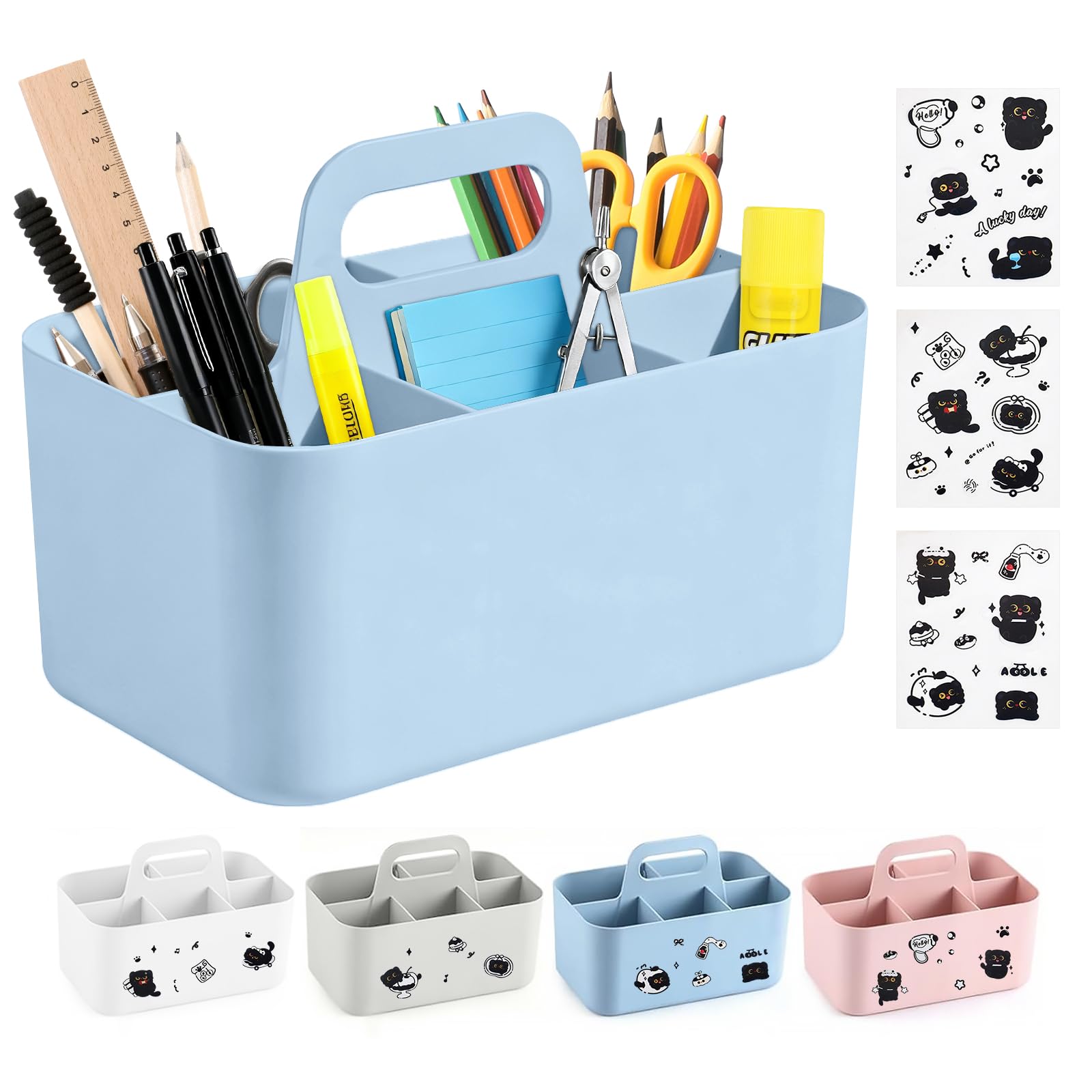 Caddy Organizer with Handle, 5 Slots Multipurpose Storage Caddy with 3 Cat Stickers, Stackable Storage Baskets Pen Art Storage Organiser for Bathroom, Office, Kitchen Cleaning (Blue, 25×15.4×17cm)
