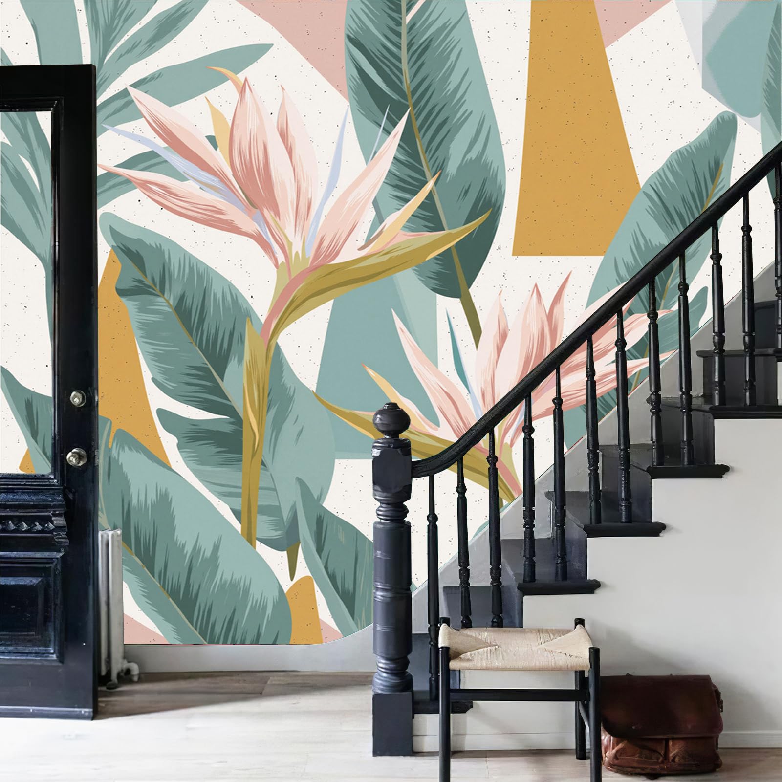 Fresque Murale Intissée oiseau de paradis, décor panoramique géométrique de luxe