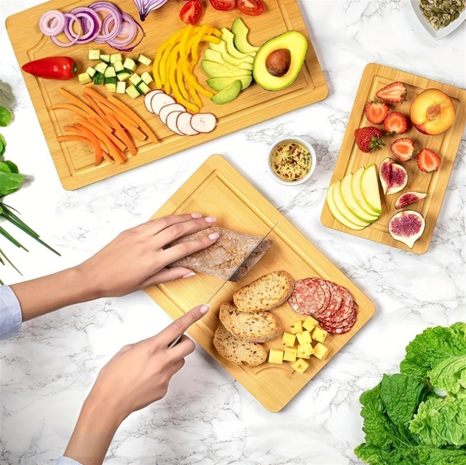 Juego de 3 tablas de cortar de bambú grandes, medianas y pequeñas, de madera orgánica, para cocina, duraderas, ecológicas