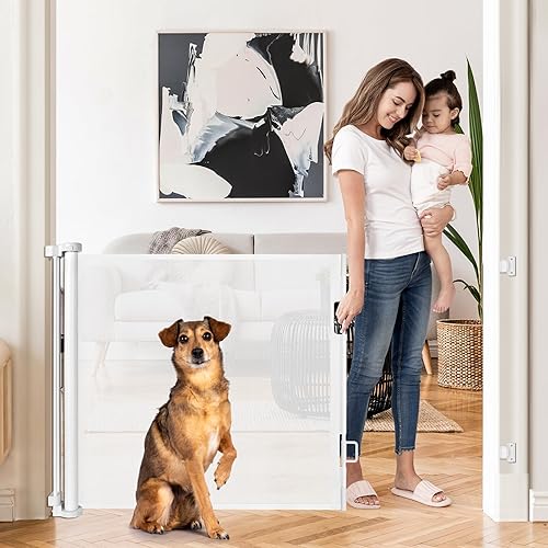 Retractable Baby Gates 55" Wide Retractable Dog Gate Indoor Mesh Baby Gate Retractable Gate Outdoor Dog Gate for Deck, Safety Gate Keeps Kids & Pets Contained, Stair Gate/Doorway Gate/Porch Gate/White