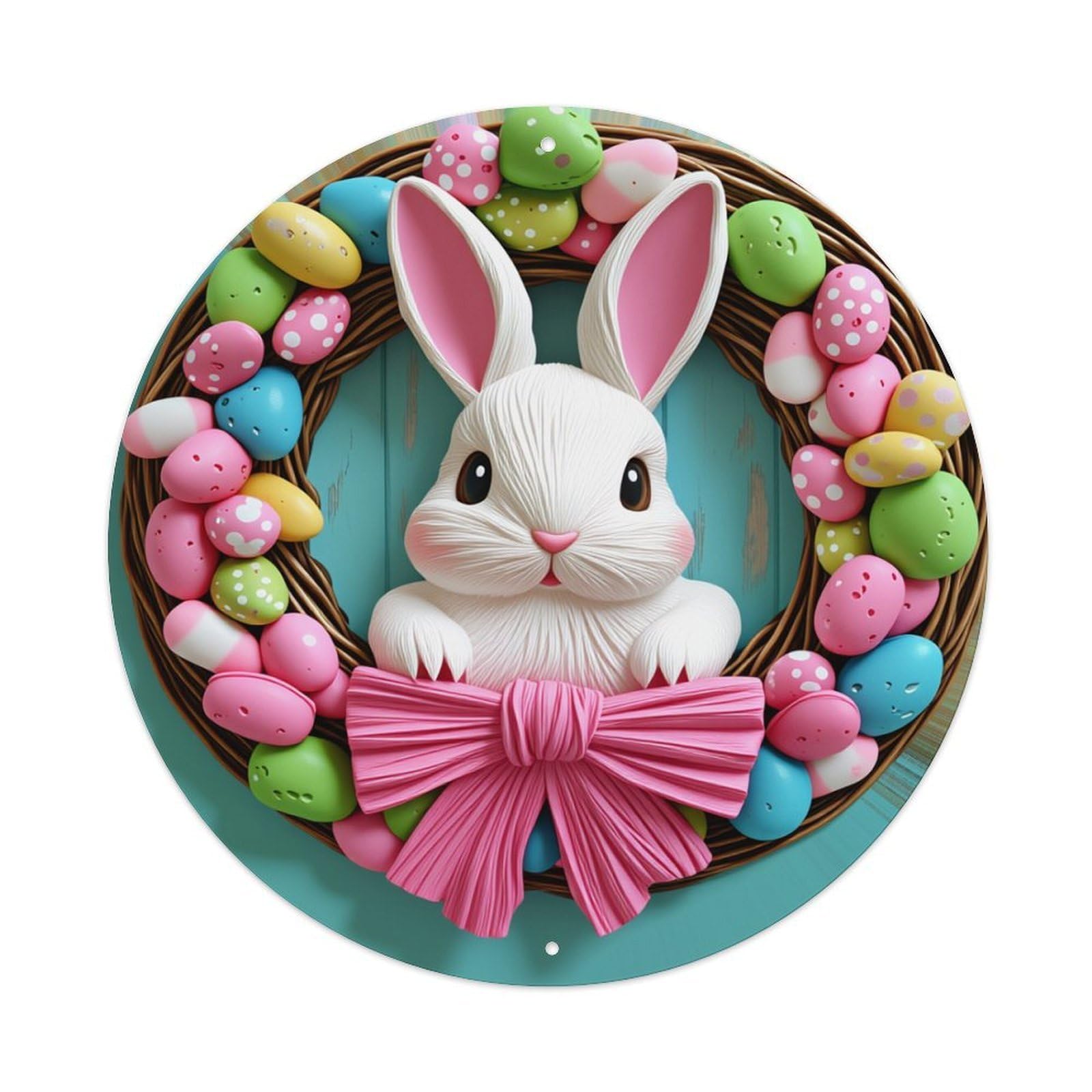 Easter Bunny Wreath With Eggs Round Tin Sign Retro Metal Sign for Cafe Bar Pub Home Game Room Gym Club Wall Decoration Vintage Metal Poster 8x8 Inch