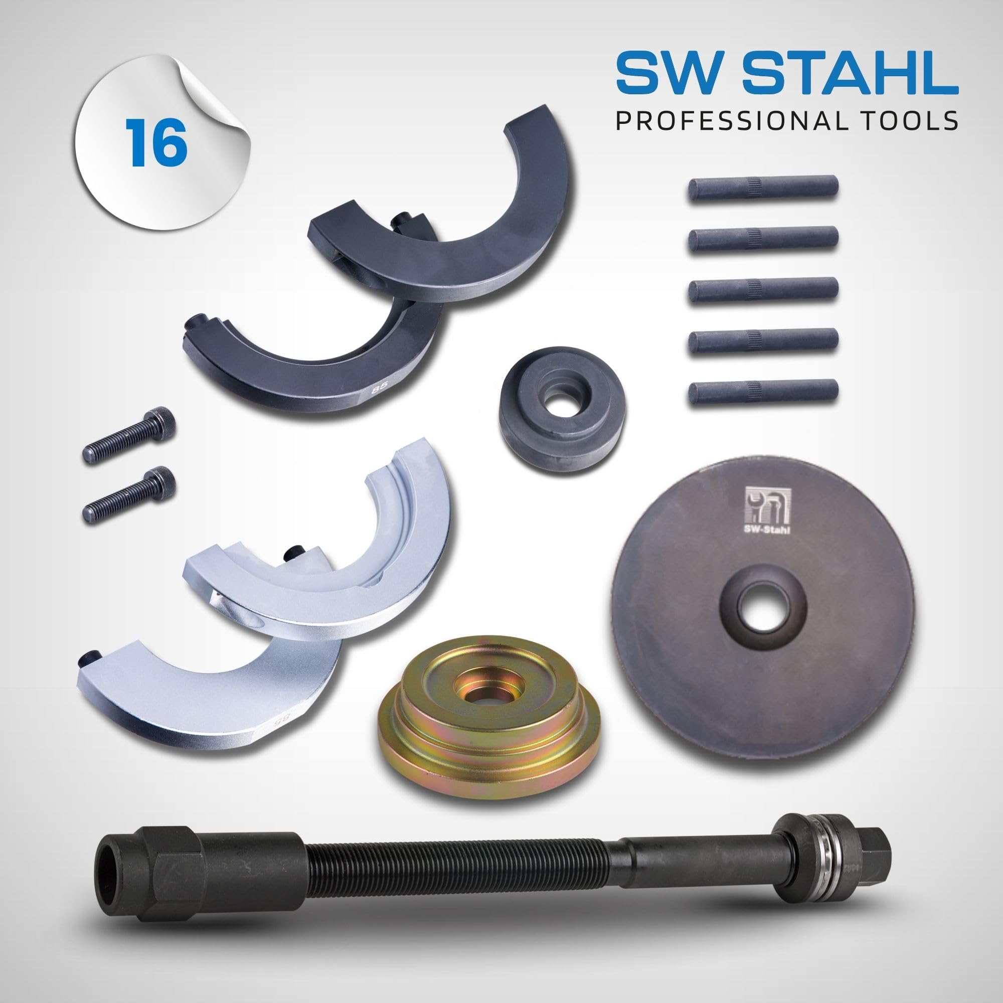 SW-Stahl 301051L Kompaktlager Werkzeugsatz - Radlager-Werkzeug Ø 85 mm | 16-teiliges Profi-Set für VW T5, T6 und Touareg - Zum Ein- und Ausbau von Lager- und Nabeneinheit an Vorder- und Hinterachse