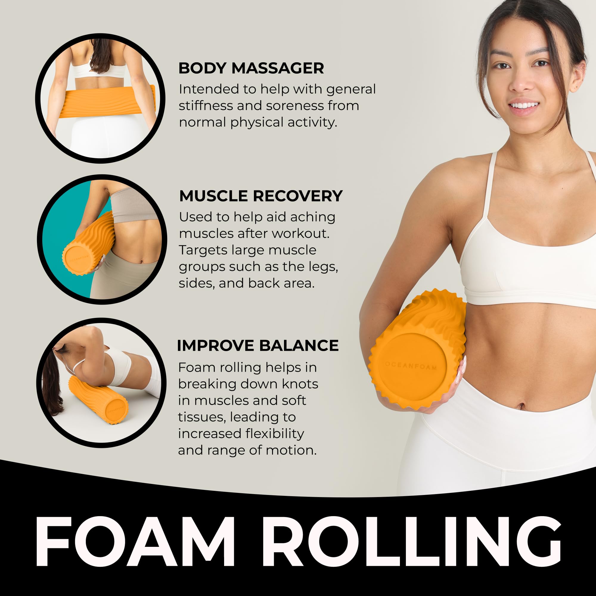 Oceanfoam Gold Tidal Roller - Rodillo ergonómico de espuma para masaje muscular miofascial de espalda con textura de onda ancha, yoga, atletismo, dolor corporal y rigidez, ejercicios de estiramiento,