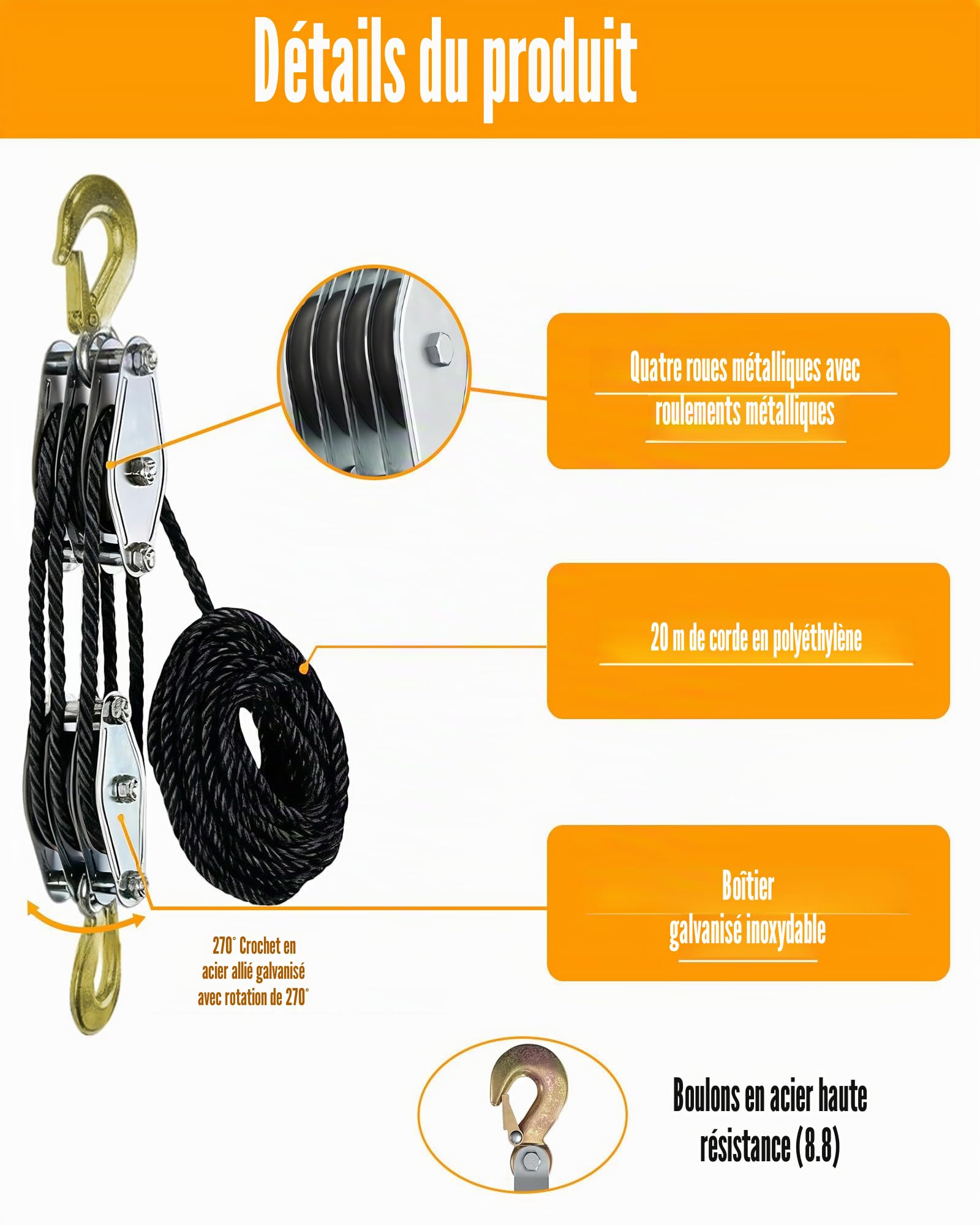 Poulie lourde avec frein à câble en nylon de 20 m : poulie de charge maximale 4400 lb Cordes de levage manuelles économiseur de main-d'œuvre Palan haute performance pour garages, entrepôts (1, argent)