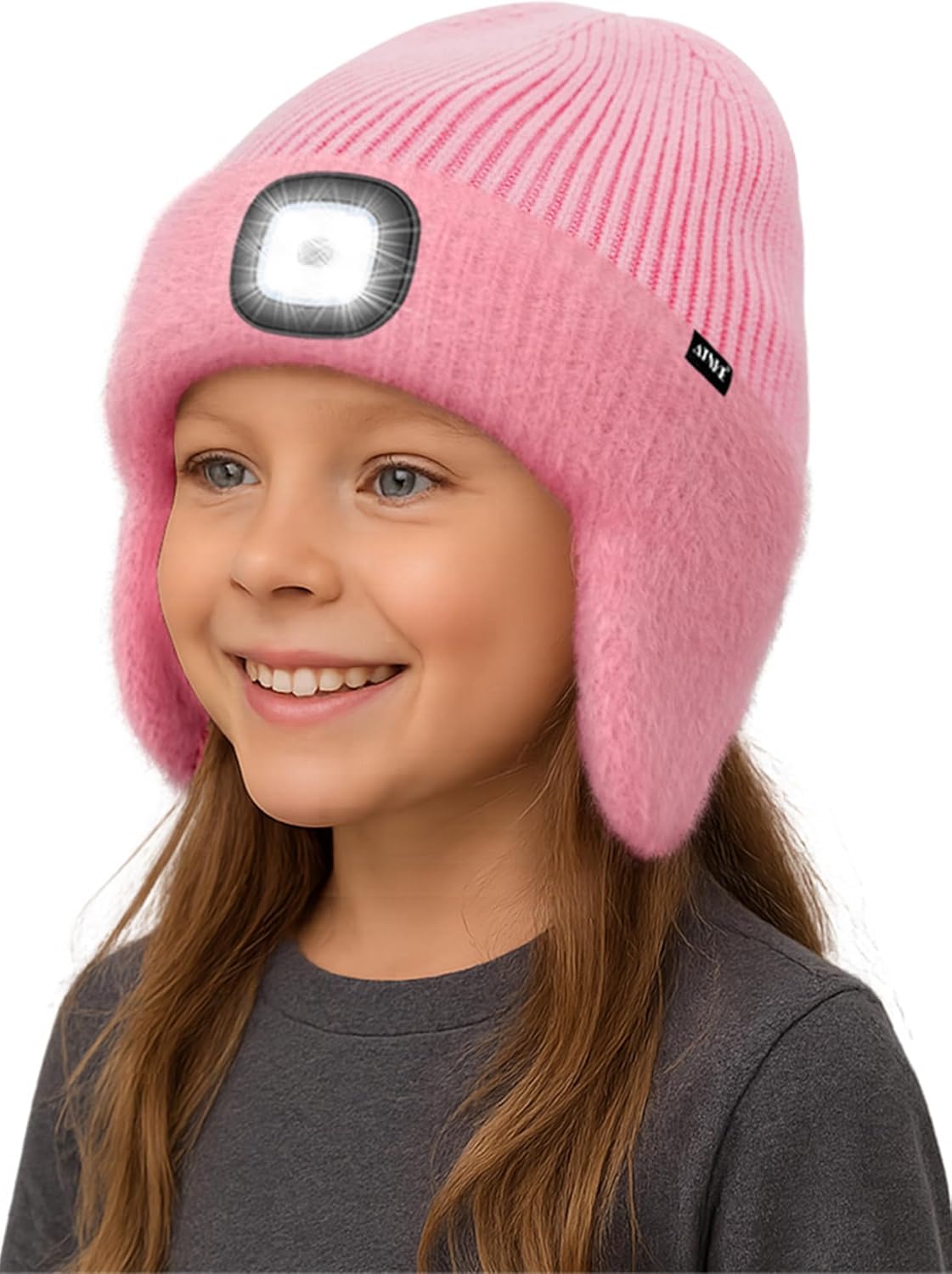 ATNKE Kids LED Lighted Lined Fleece Beanie Cap with Earflap, USB Rechargeable 4 LED Run Headlamp Hat for Boys and Girls