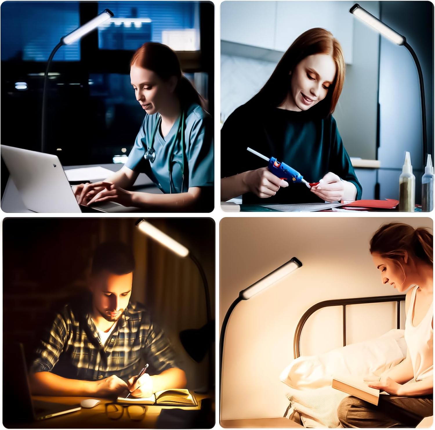 Desk Light with Clamp, Eye-Caring Clip on Lights for Home Office, LED Reading Lamp with 3 Color Modes, 10 Brightness, Flexible Gooseneck Swing Arm for Study, Work, Draw, Nail, Black