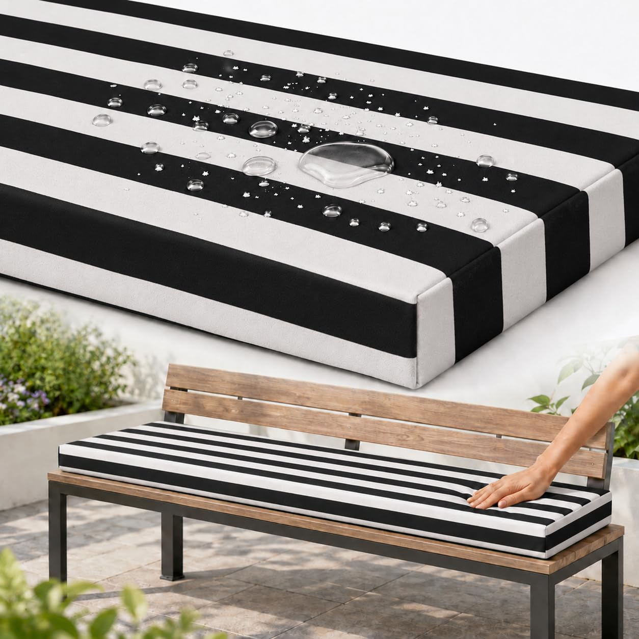 AZMAHT Bench Cushion Outdoor, Garden Bench Cushion with Waterproof Polyester Cover, 50D Foam, Non-Slip Base, 2 Ties, Removable Zip Cover for Patio, Bay Window, Garden Swing,Black Stripes,150x50x5cm