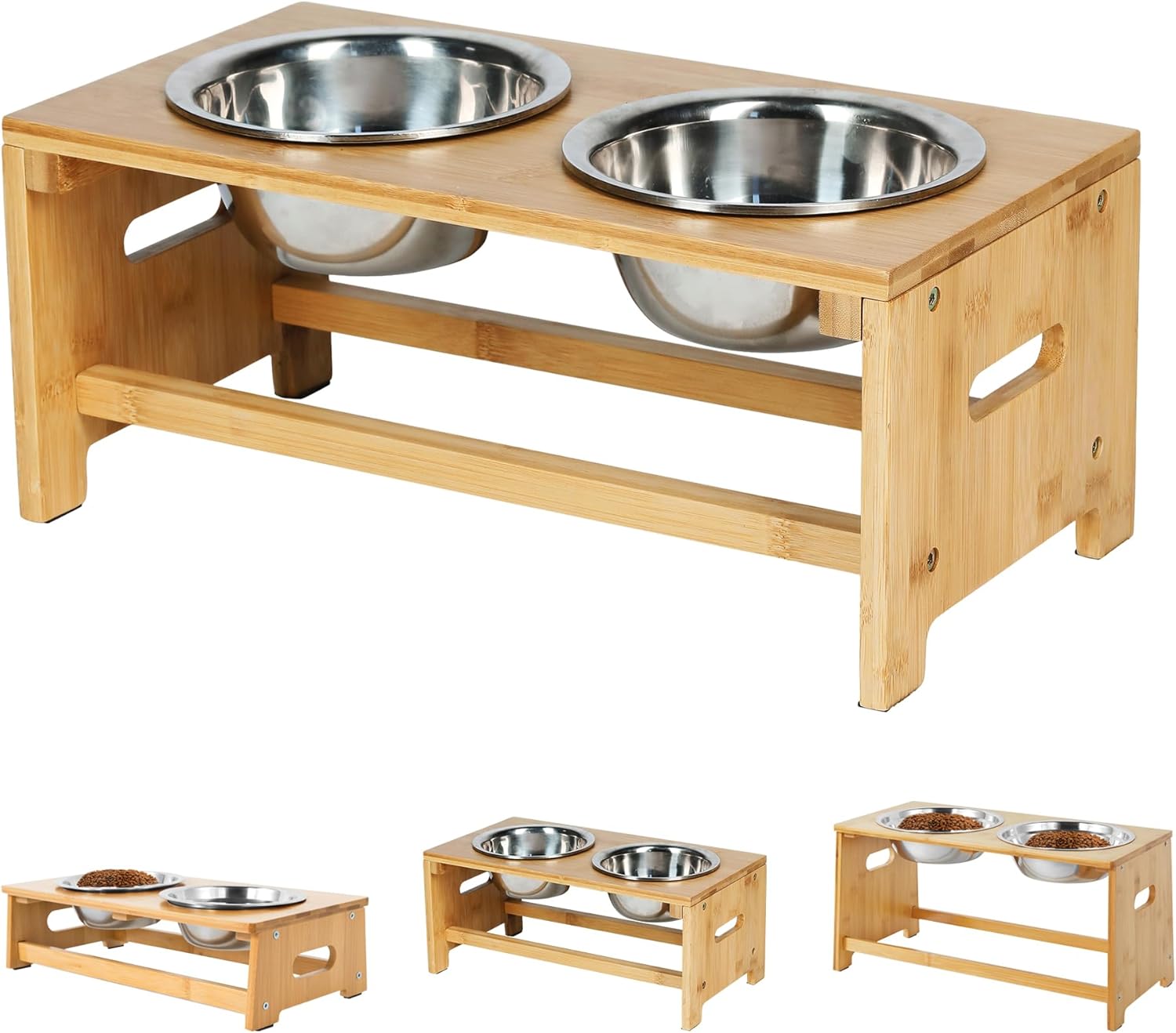 HYNAWIN Bamboo Elevated Dog Cat Bowls for Medium Dogs Raised Dog Bowl Stand with 2 Stainless Steel Bowls and Non-Slip Dog Bowl Stand Food and Water Bowls Pet Feeder for Food and Water 7" Tall