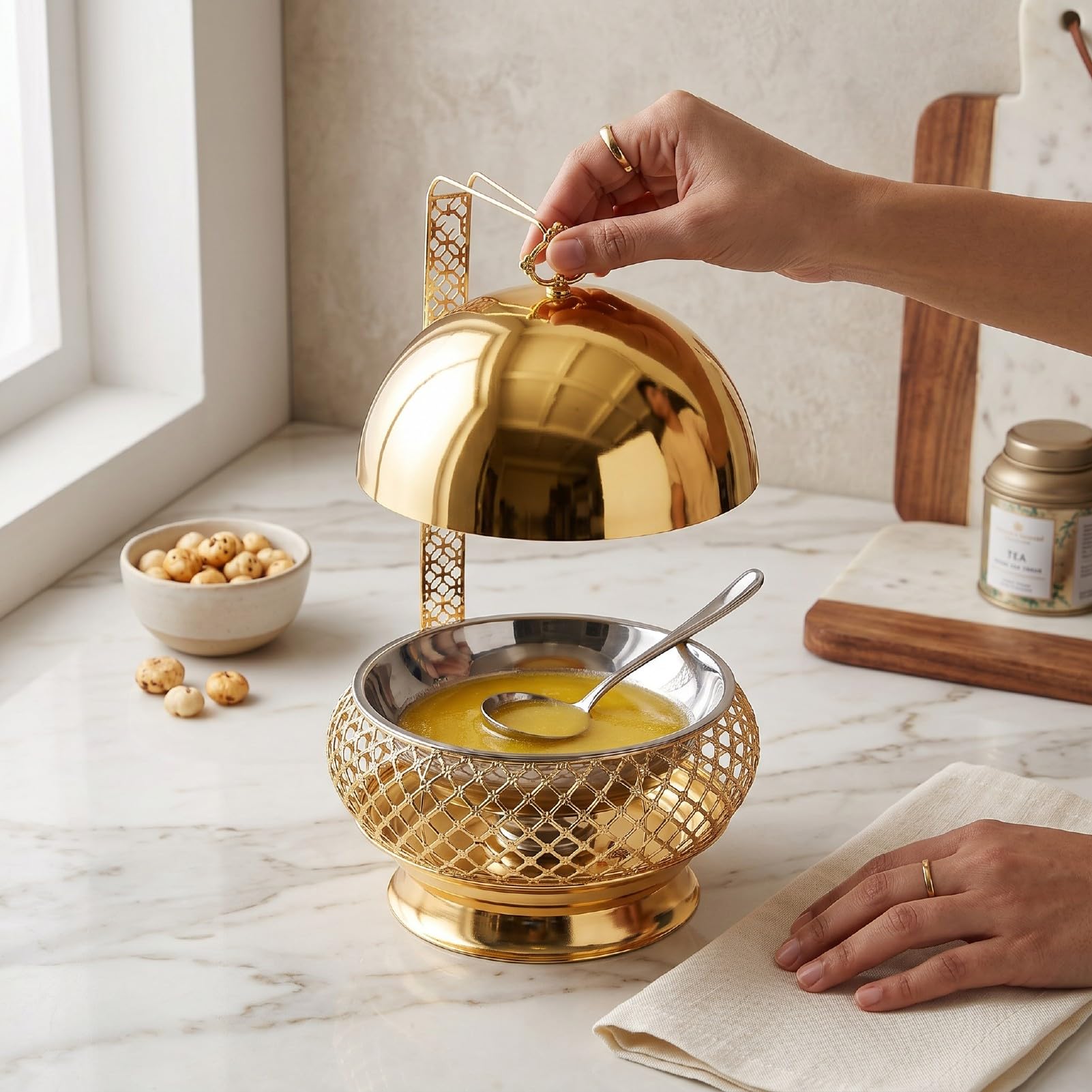 Luocute Calentador de Buffet Redondo de Acero Inoxidable, 8L con Gancho de Tapa Desmontable para Bodas, Banquetes y Fiestas