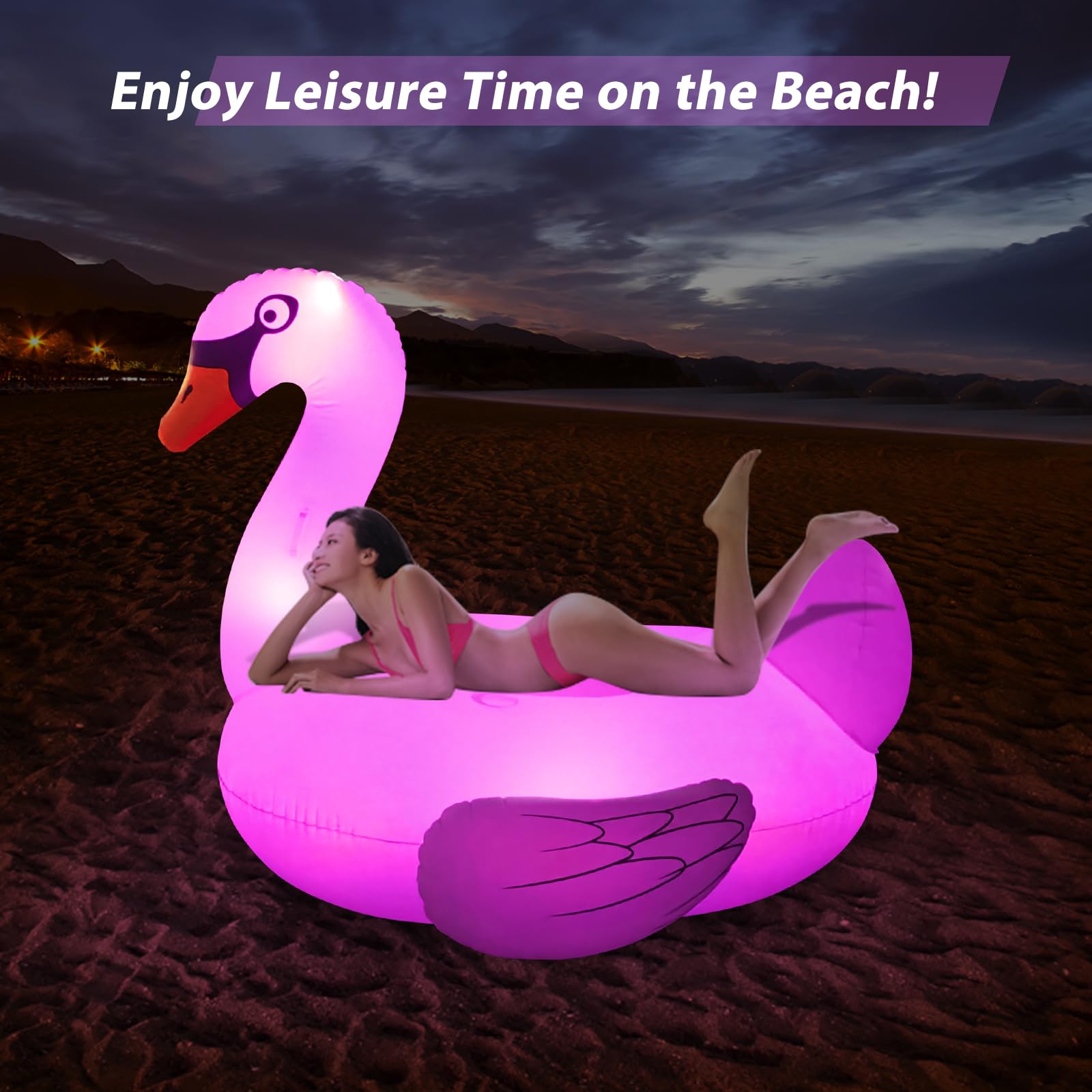 Flotteurs gonflables en forme de cygne avec lumières LED solaires pour adultes, bouées de natation gonflables, porte-gobelet, flotteurs de plage, lac, décoration de fête, relaxation, blanc